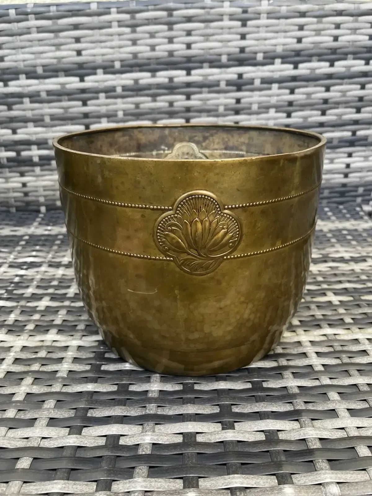 photo furniture Antique Art Nouveau Lotus Flower Planished Brass Jardiniere Planter Plant Pot