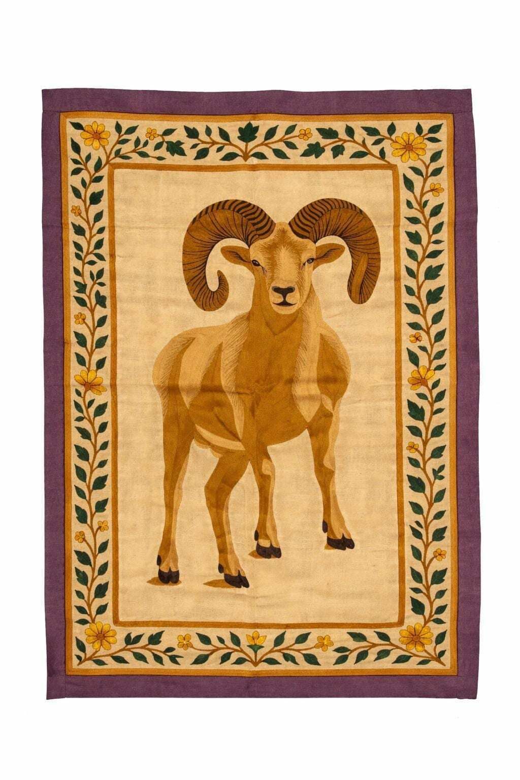 Hand Embroidered Mountain Ram Tapestry | Rare Vintage Indian Textile| Eco Friendly Vegetable Dyes