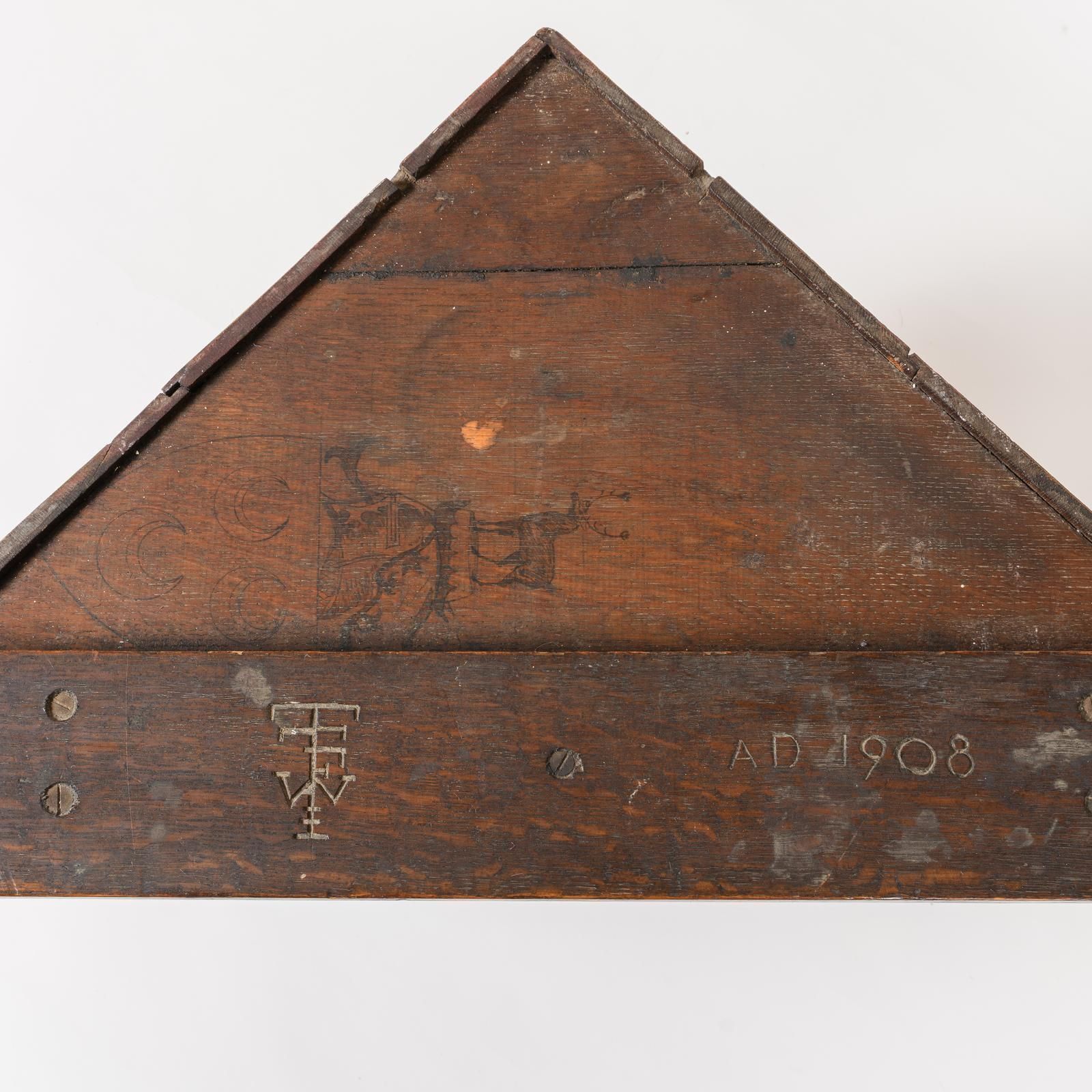 An Arts And Crafts Oak Corner Cabinet, Dated 1908, With The Crest Of The De Thorpe Family photo furniture