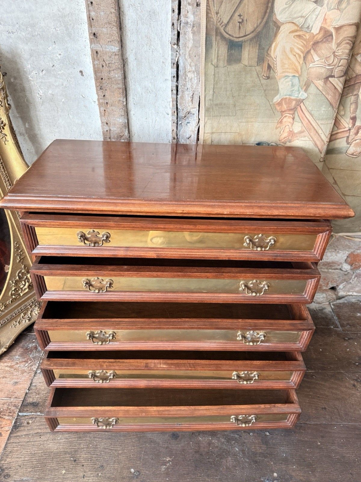 499.0 Vintage Rare Collectable Canalata Brass Inlays Chest Of Drawers photo