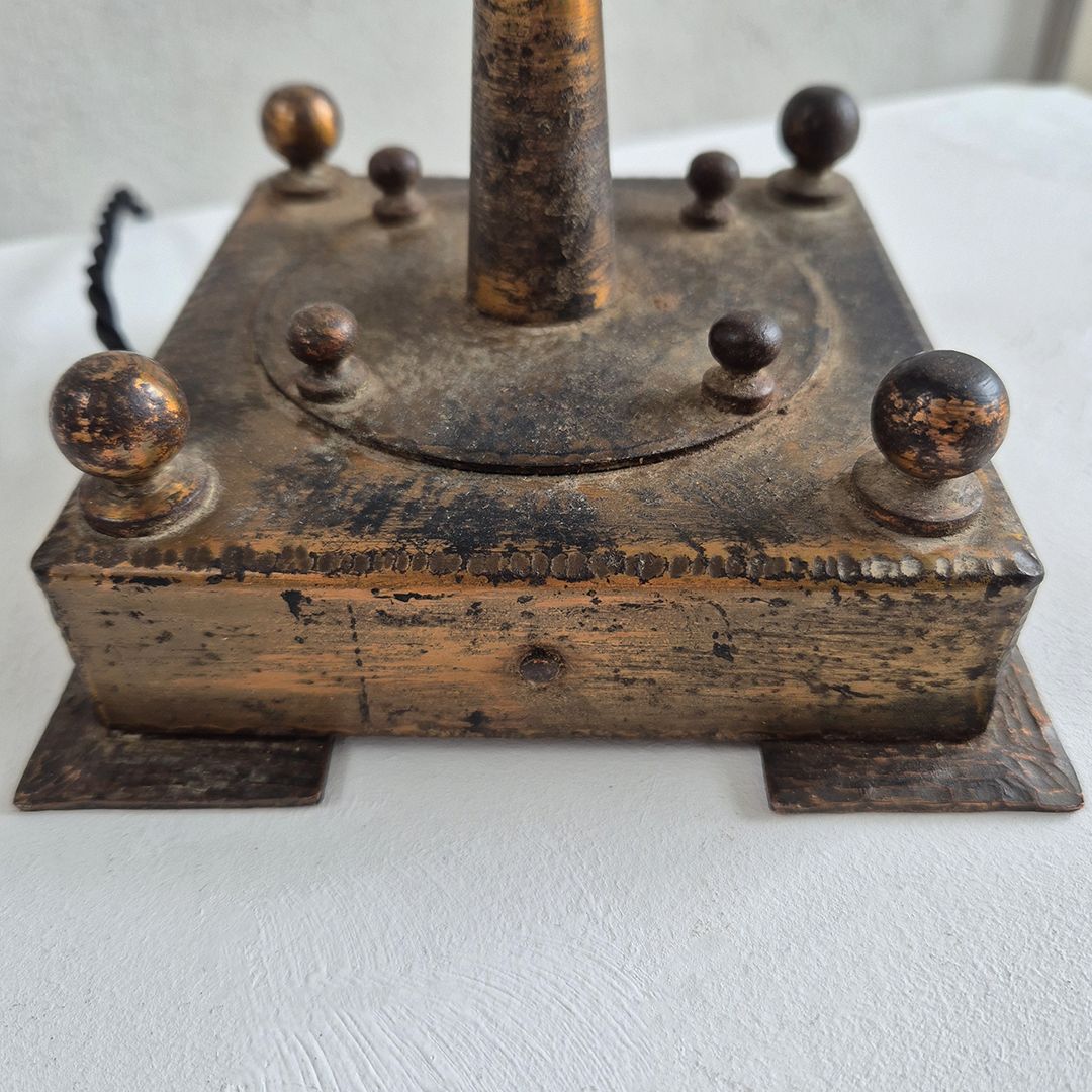 Art Nouveau Brass Table Lamp W/ Glass Shade: Belgian Mid Century Brutalist Style photo Lighting