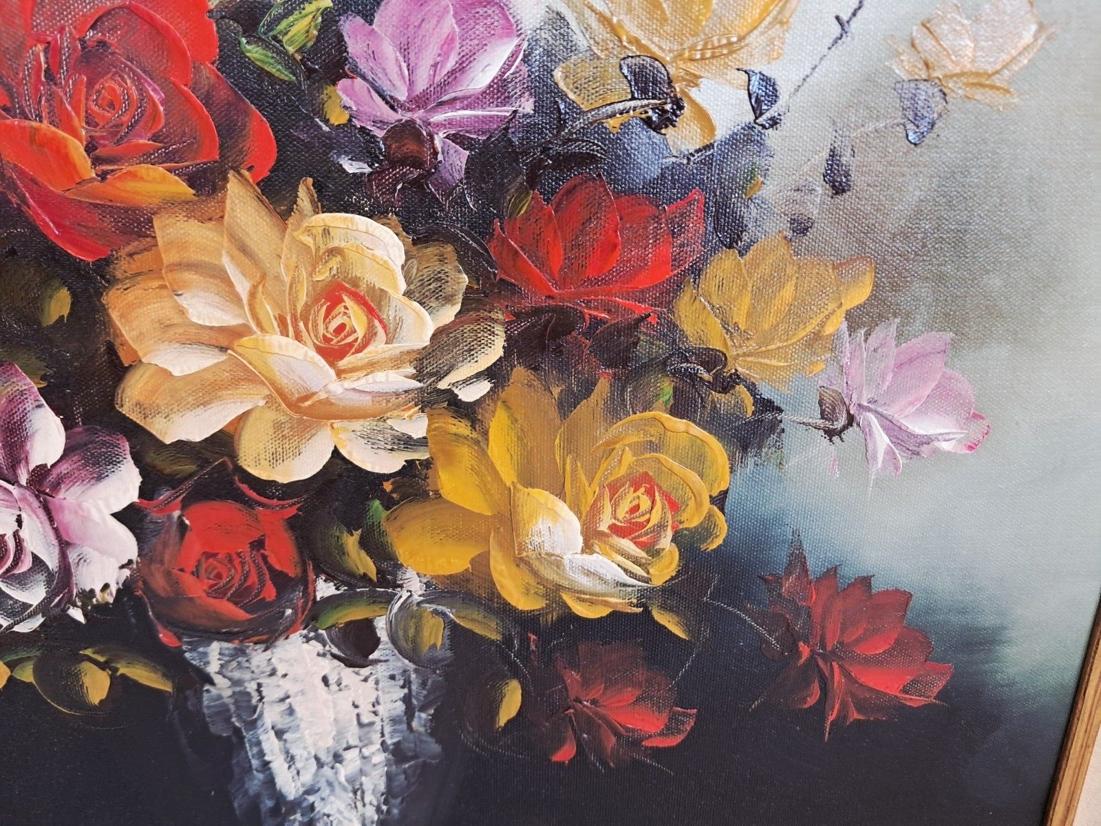 225.0 Vintage Still Life Floral Oil Painting Canvas Flowers On Table Gilt Gold Frame photo