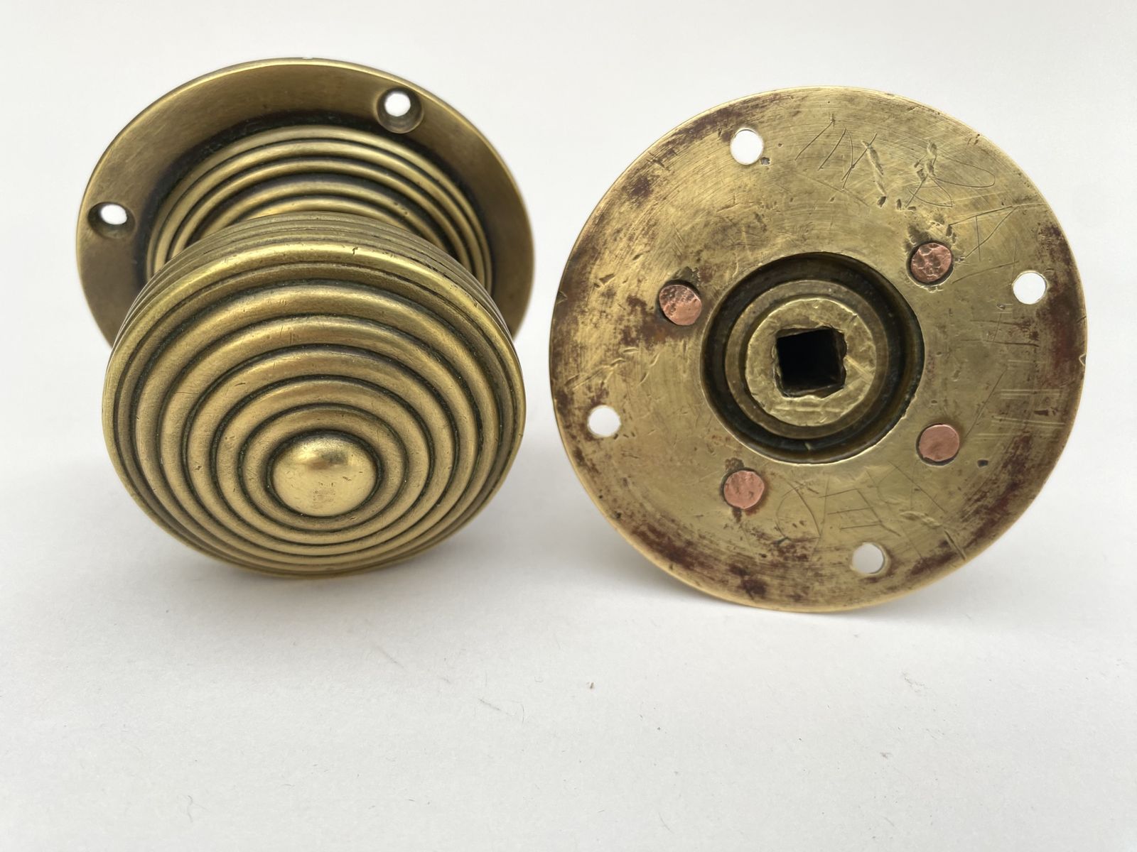 photo for sale A Pair Of Mid' 19th Century English Brass Reeded Door Handles
