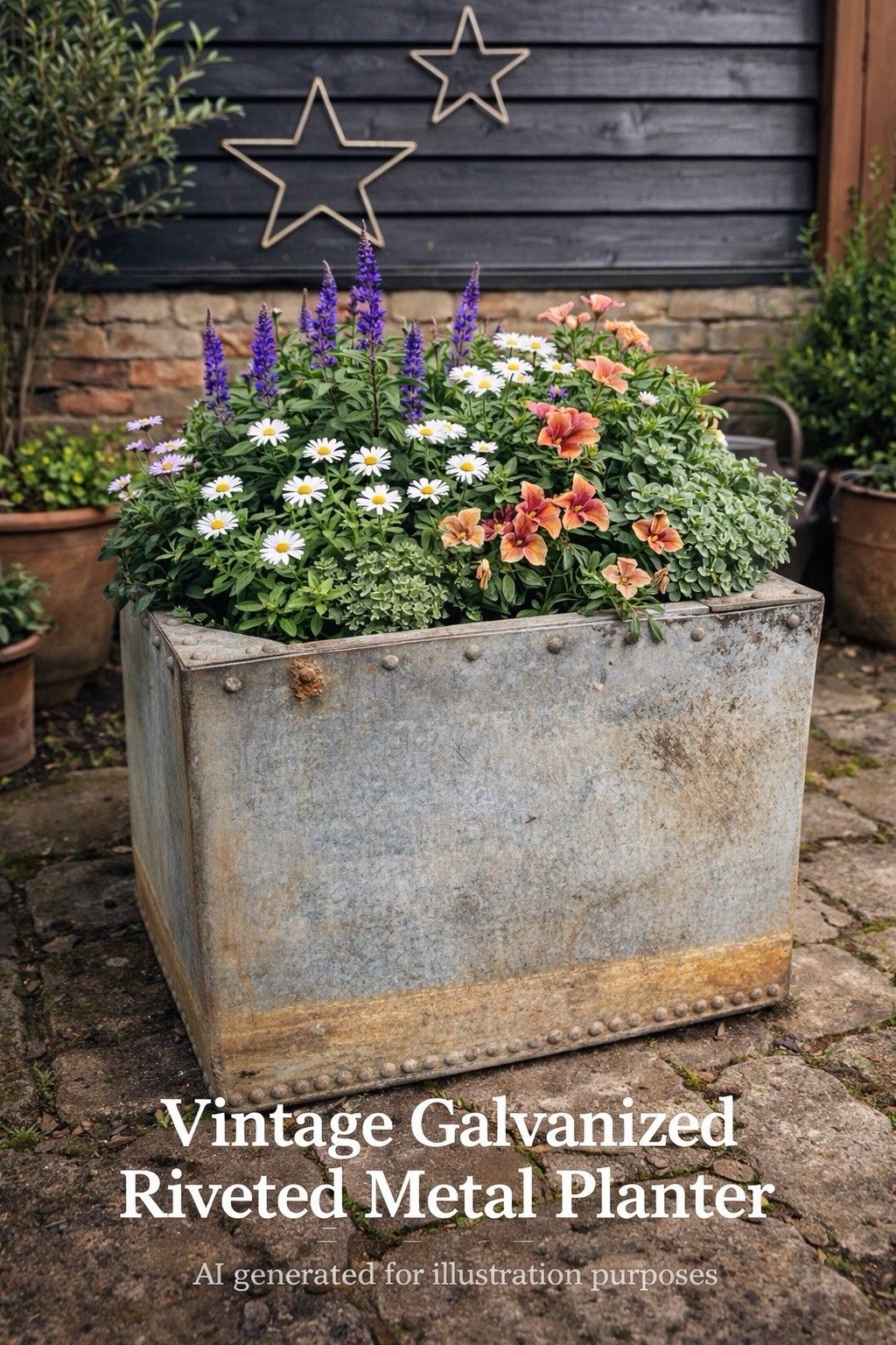 Vintage Galvanised Riveted Metal Planter / Trough Garden Planter Tree Pot W3 photo vinterior