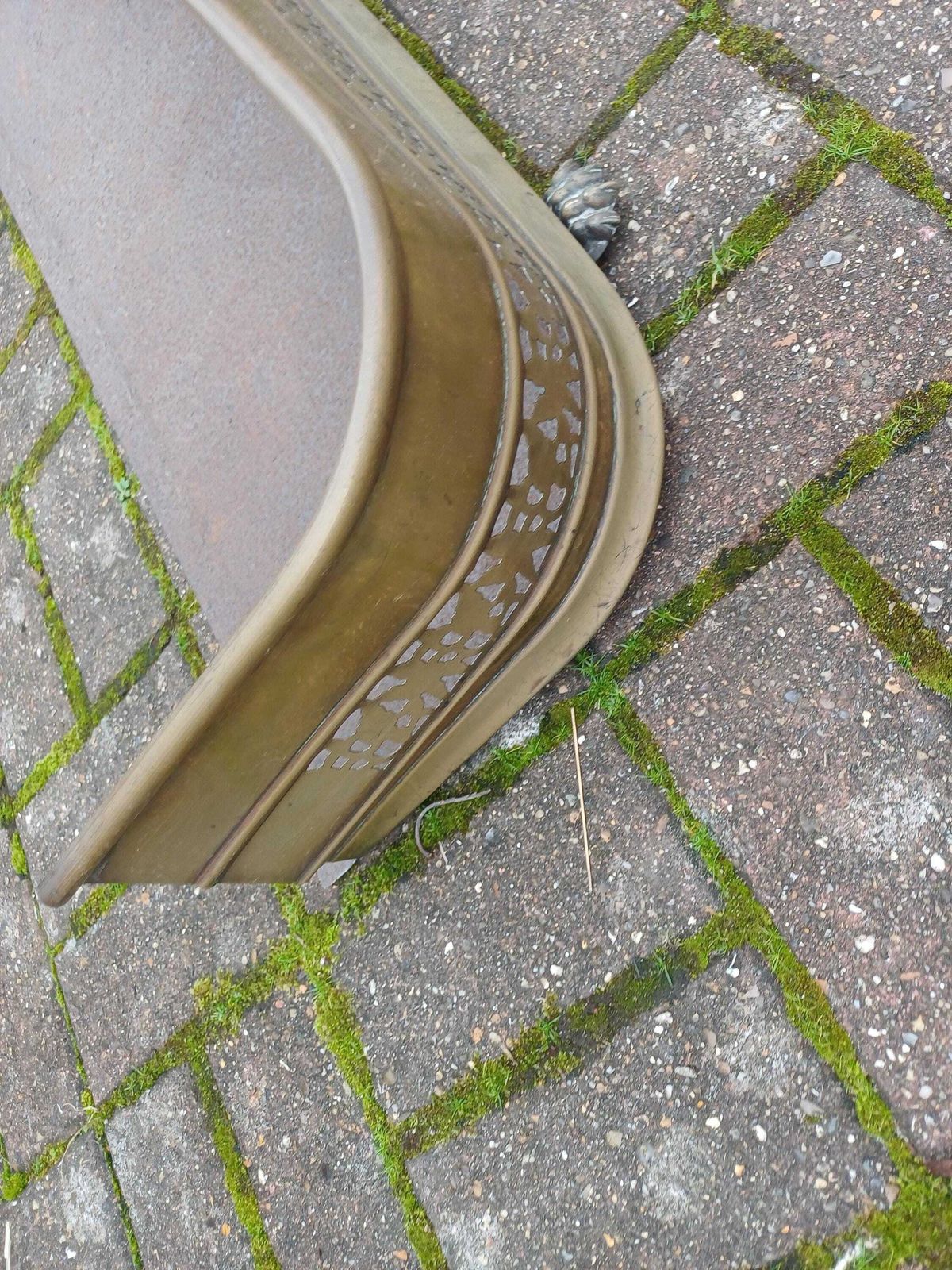 photo for sale Antique Early 20th Century Brass Fireplace Fender Pierced Fire Curb With Claw Feet Traditional Hearth Guard Fireside Brass