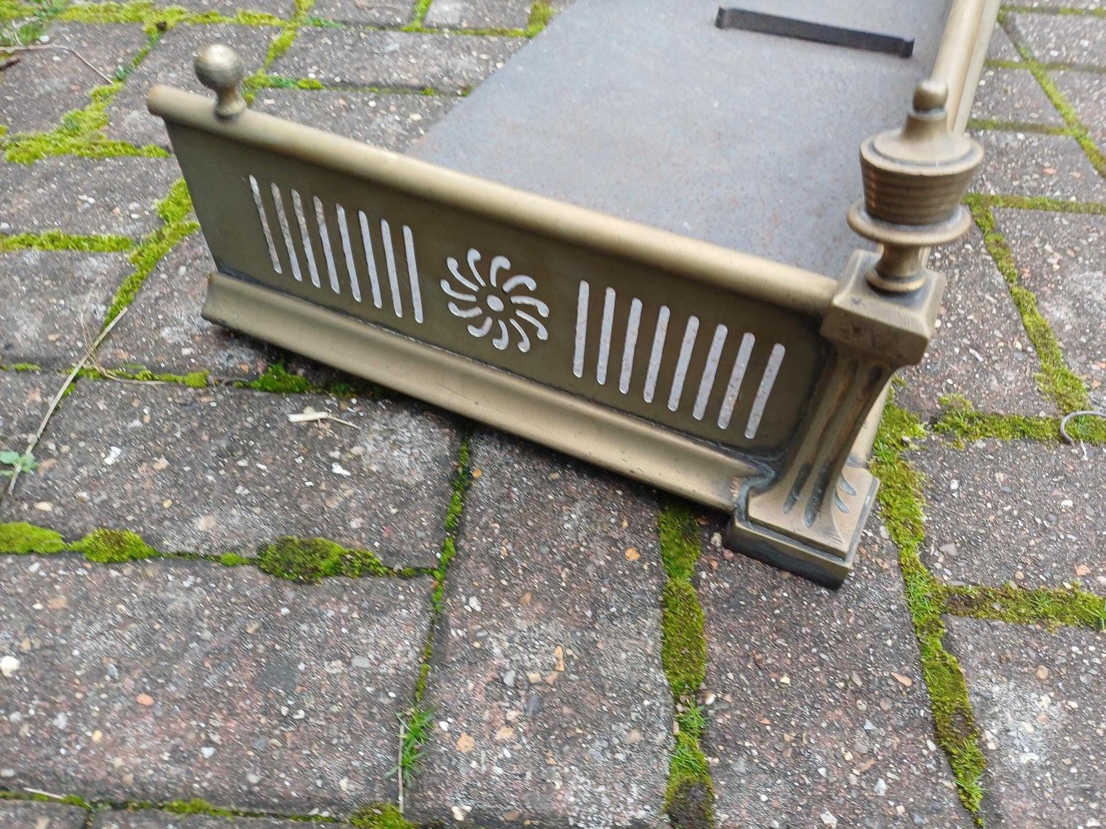 photo for sale Massive Heavy Victorian Solid Brass Fireplace Fender Pierced Fire Curb With Column Finials Antique Hearth Guard Fireside Free Hand Delivery
