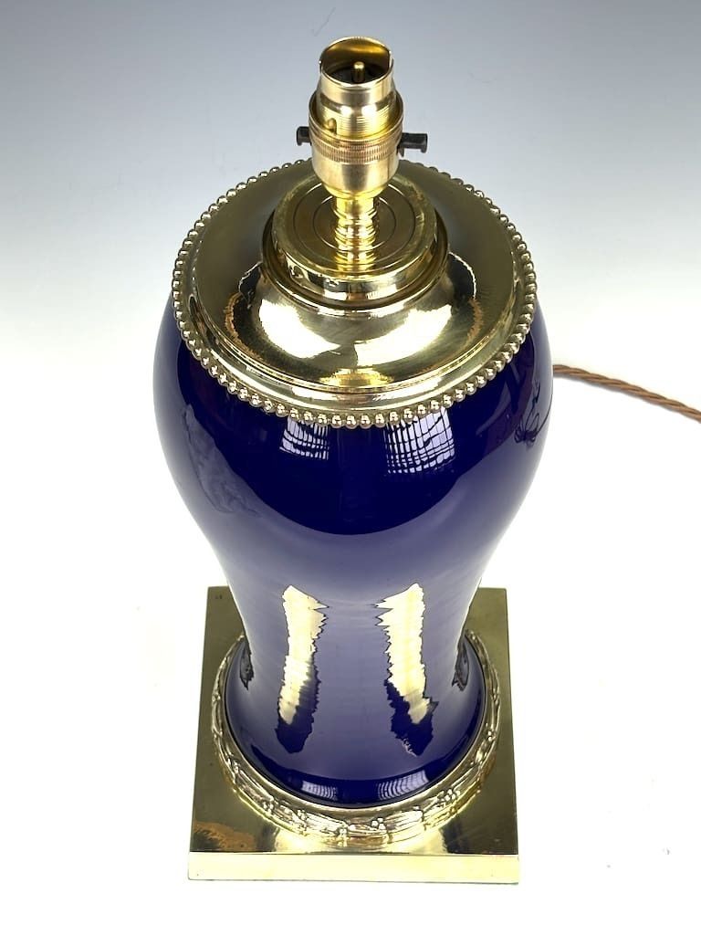 19th Century Colbot Ceramic Lamp (Converted From Oil Lamp) – Cobalt Blue & Gilded Brass photo vintage