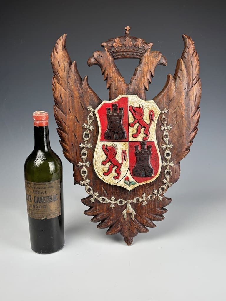 King Charles Spanish Toledo Coat Of Arms – Hand Carved Double Headed Eagle Heraldic Shield photo for sale