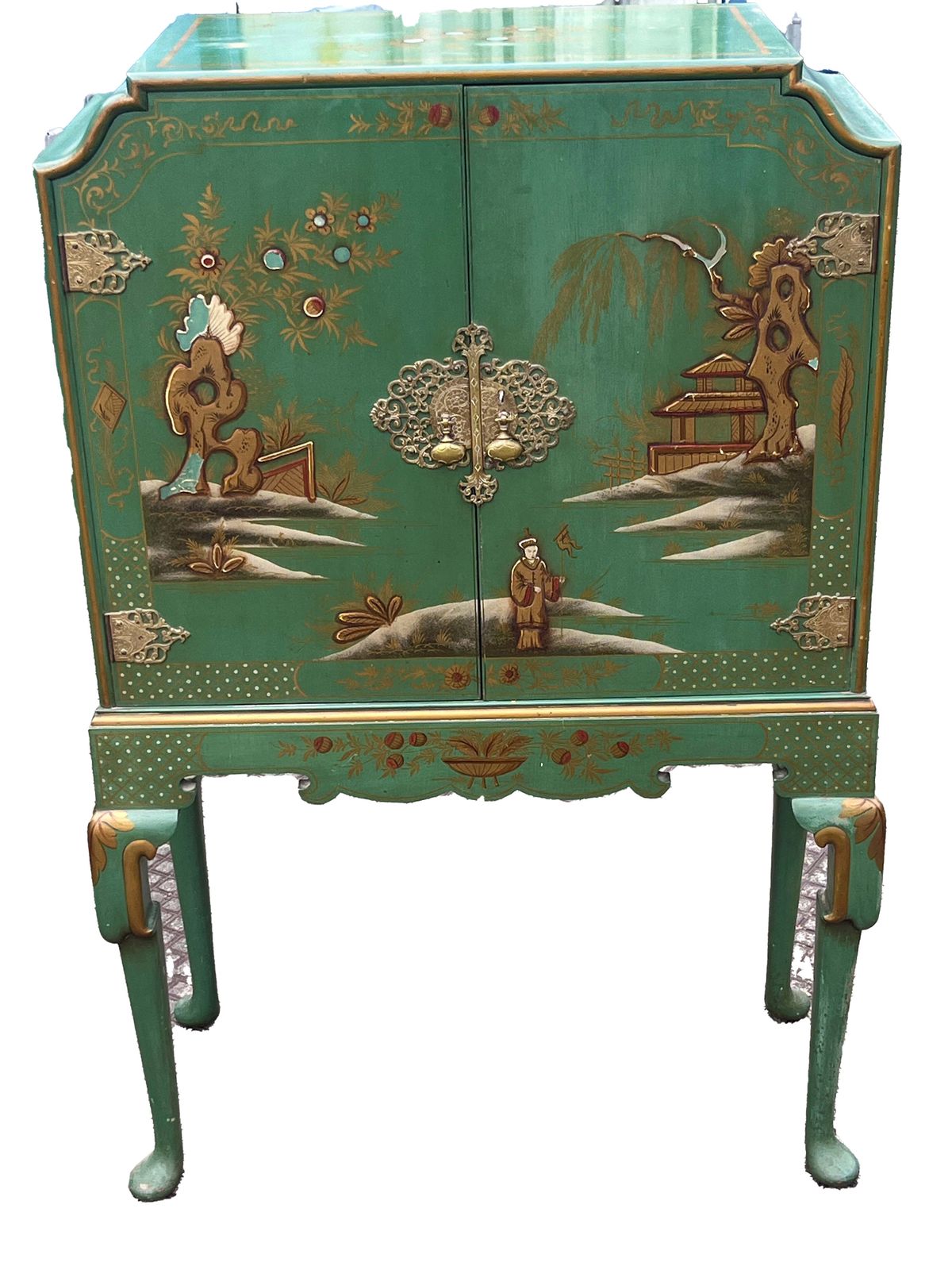Chinoiserie/Japanned Cabinet Retailed By Kean & Scott Ltd, Birmingham, English, Circa 1930s–1950s.