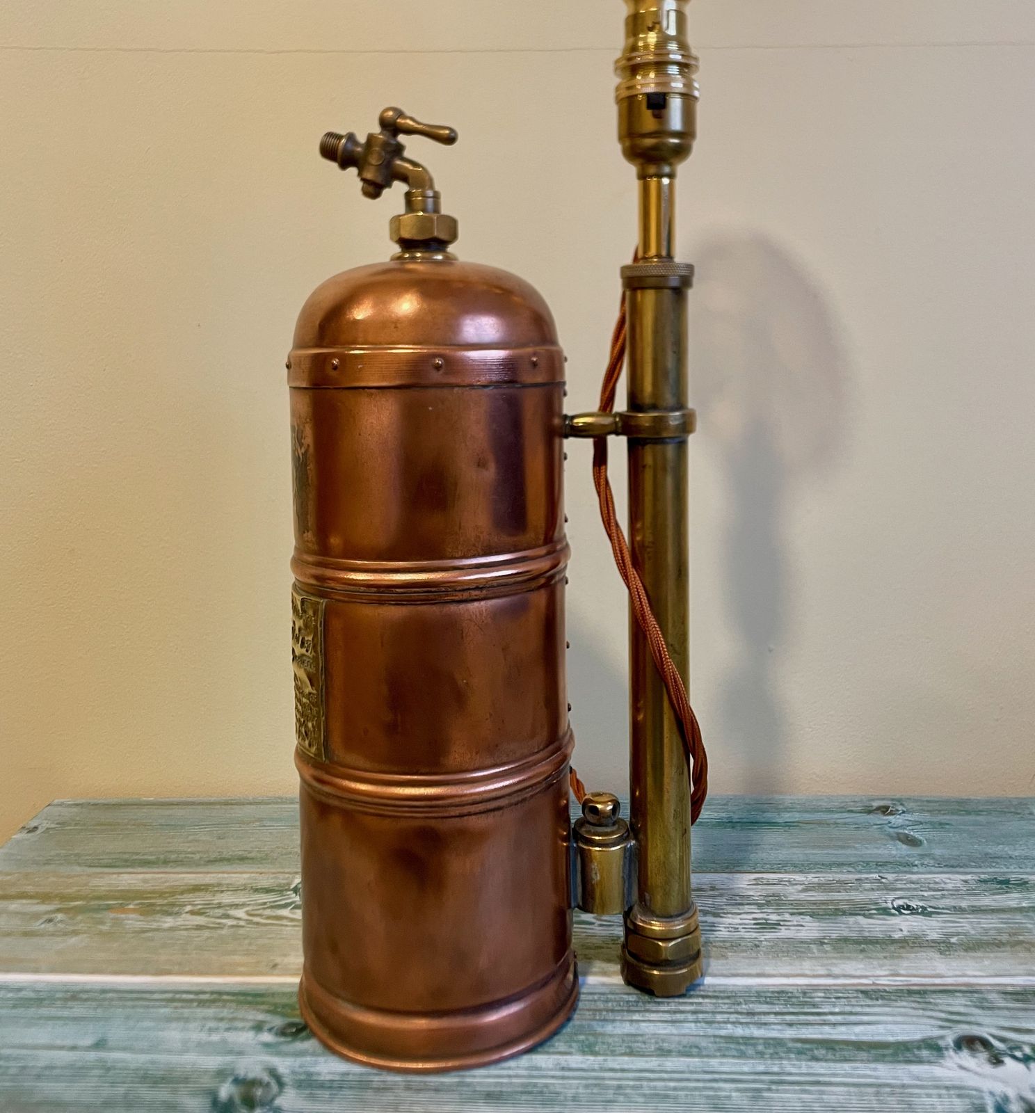 Lighting Antique Copper & Brass French Pulverisateur Systeme Muratoriori Vine Sprayer Table Light photo