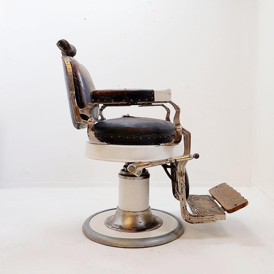 Koken Original Brown Leather & White Enameled Cast Iron Barber Chair, Circa 1918 photo 3430.0