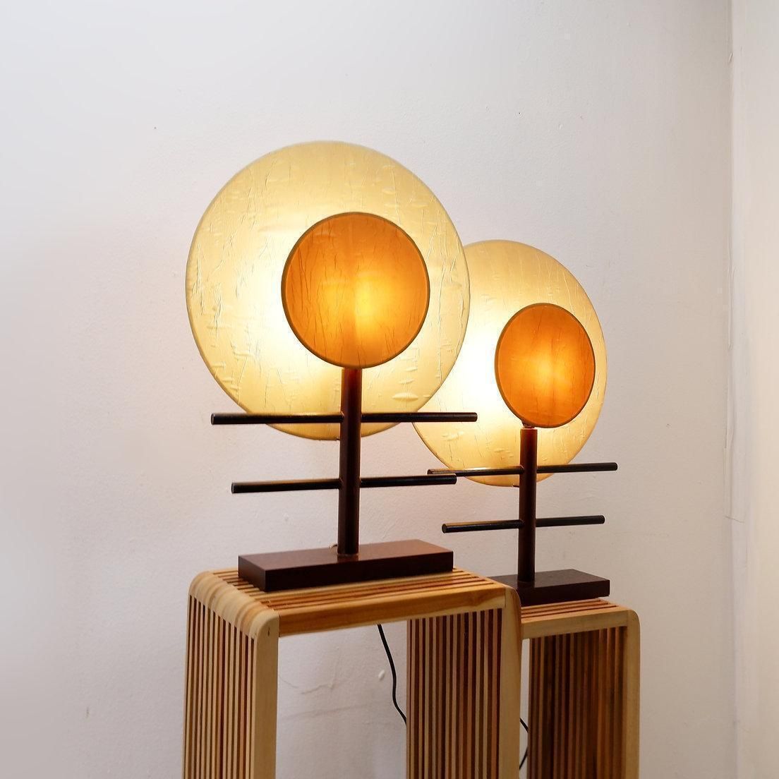 1980s Boho Style Minimalist Table Lamps Pair In Wood And Silk Fabric photo for sale