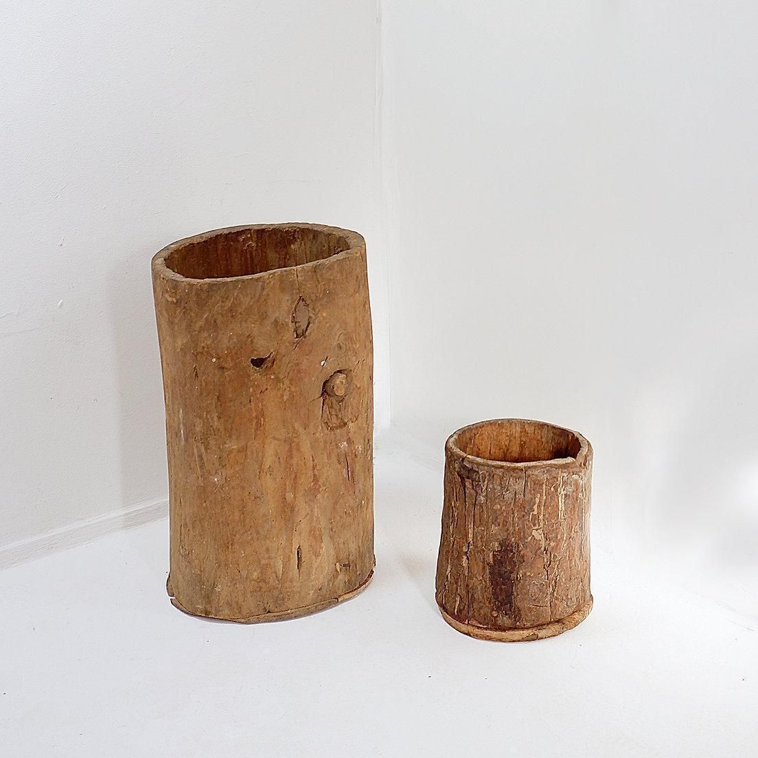 Home Decor Set Of 2 Primitive Wooden Pots   Late 19th Century photo