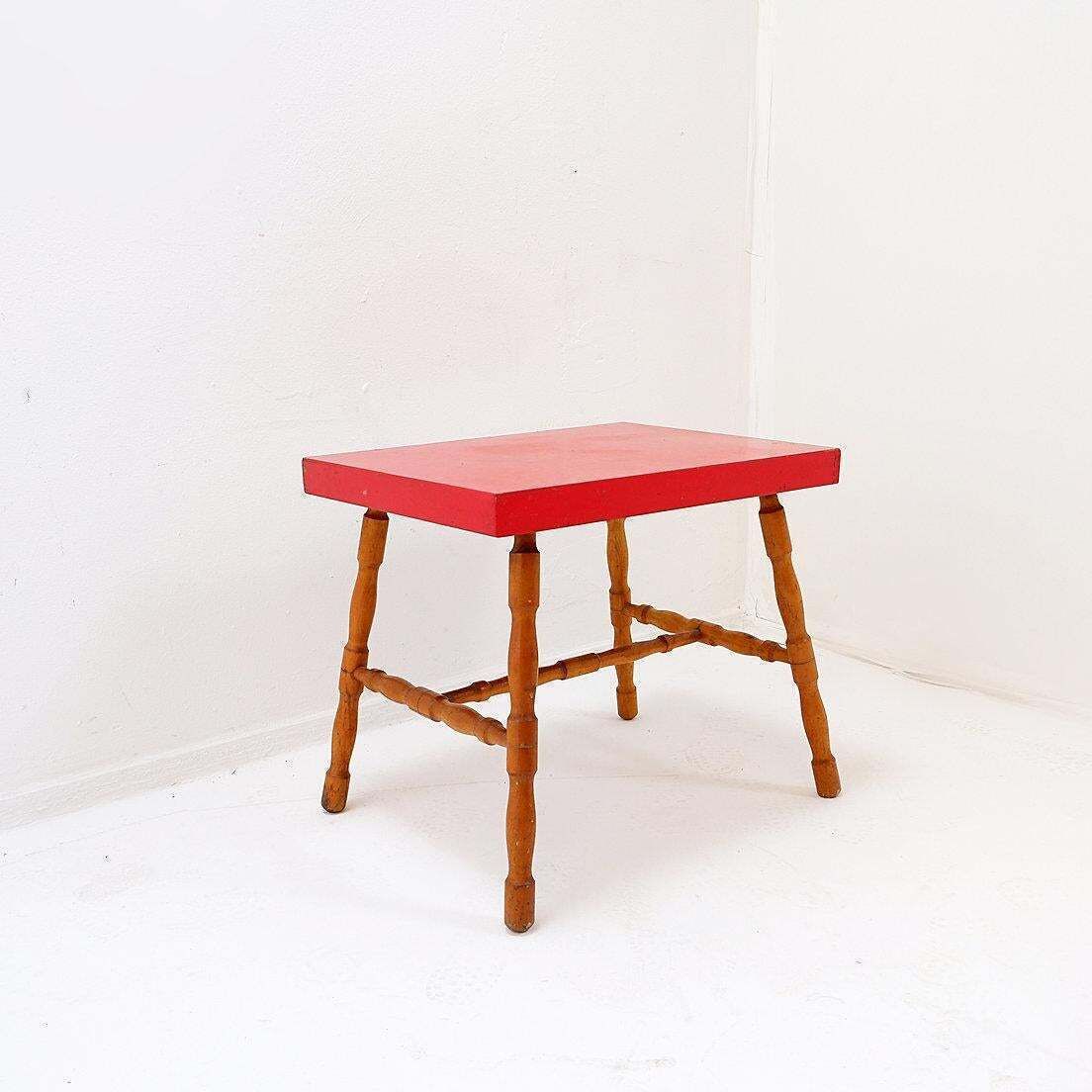 Small Side Table With Turned Legs And Red Top   Josco, Made In Belgium   1950s photo furniture