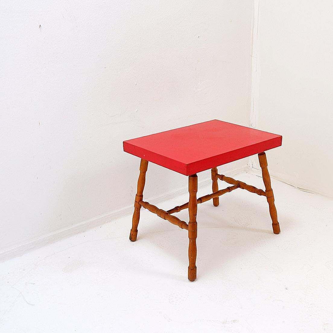 photo for sale Small Side Table With Turned Legs And Red Top   Josco, Made In Belgium   1950s
