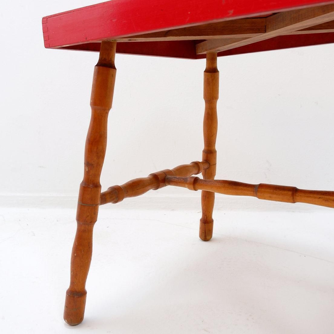 338.0 Small Side Table With Turned Legs And Red Top   Josco, Made In Belgium   1950s photo