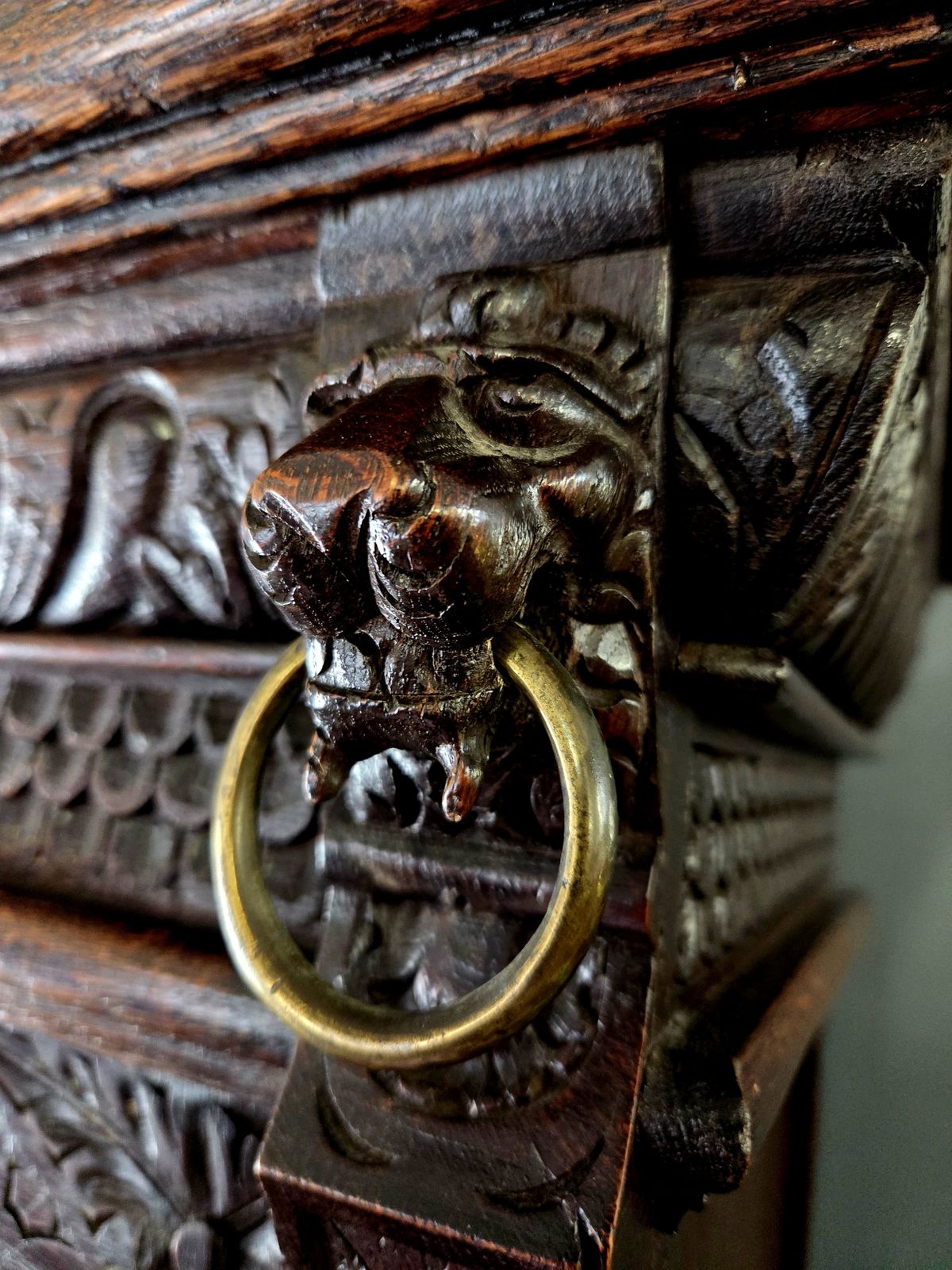 Large 19th Century Dutch Neo Renaissance Carved Oak Library Cabinet Bookcase C.1880 photo vintage