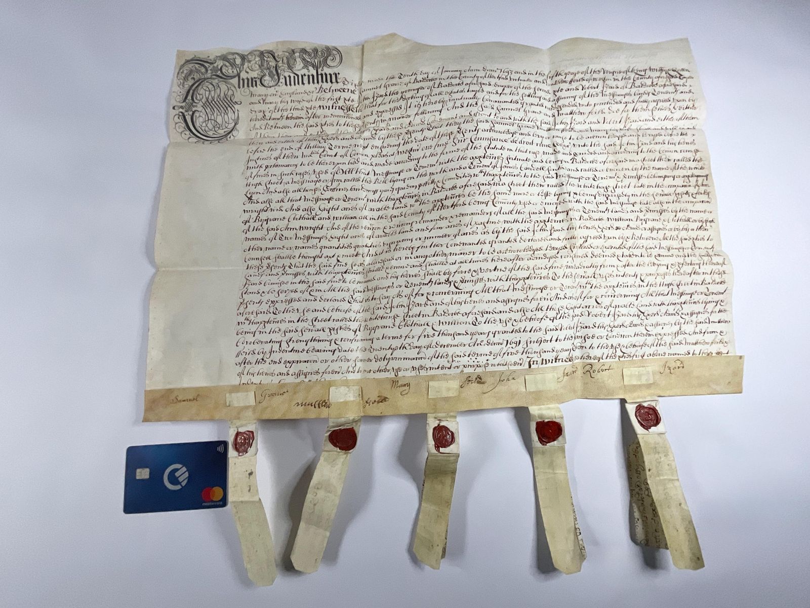 Art Rare 1693 Vellum Document With Four Seals. William & Mary Property Indenture. photo
