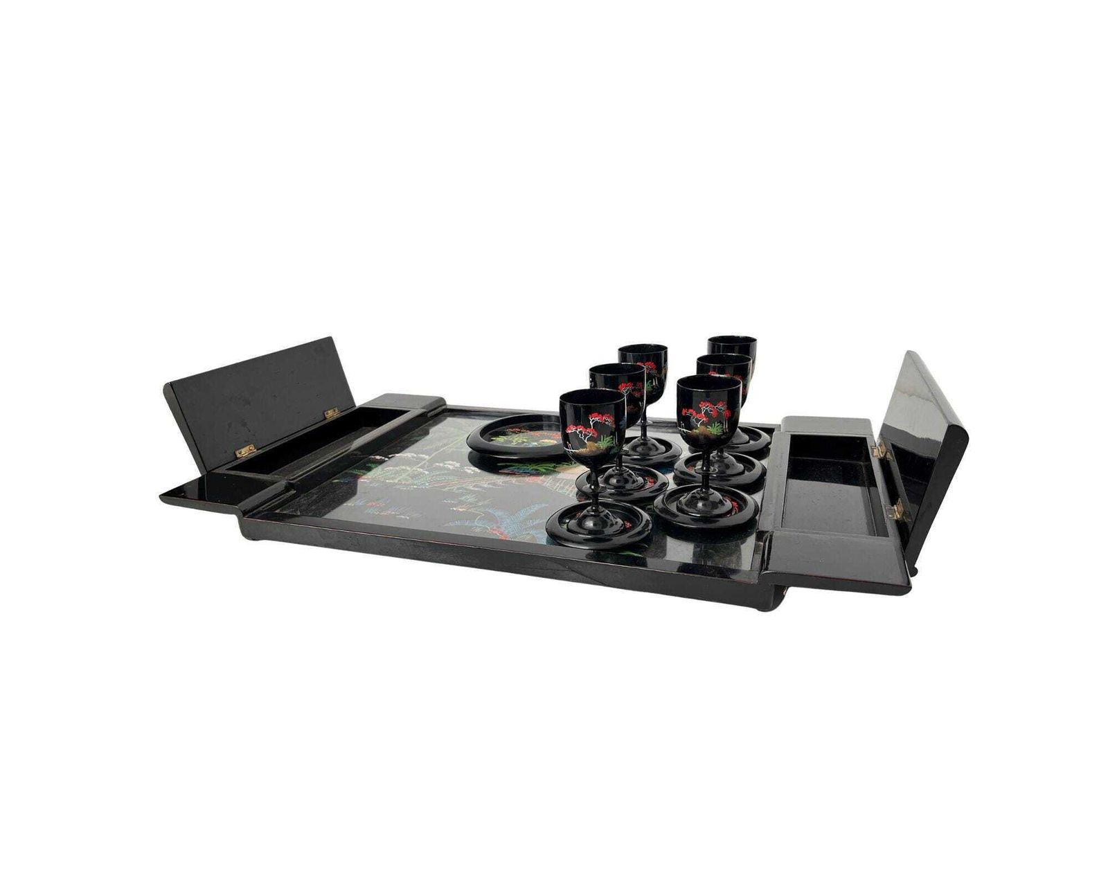 Japans Lakwerk Barset | 14 Delig Compleet | Zwart Dienblad & Glazen photo buy