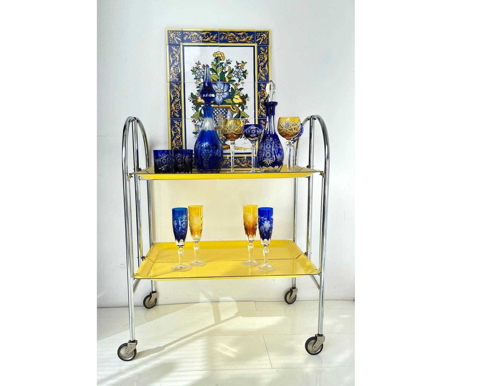 Yellow Bar Cart | Folding Drinks Trolley | 1970s Dinett photo for sale