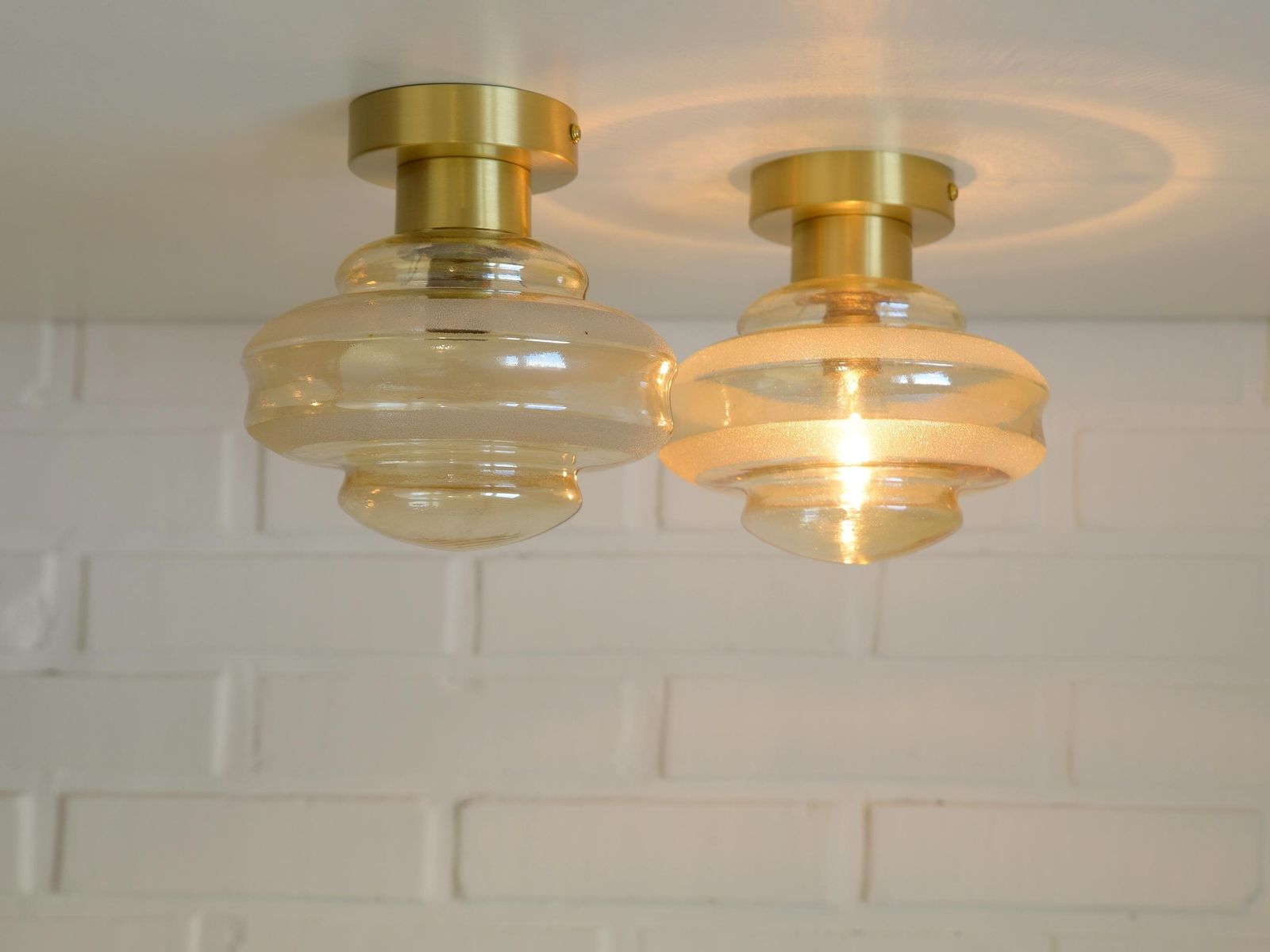 Set Of 2 Vintage Amber Glass Sconces   Mid Century Modern Brass Flush Mount Lights photo buy
