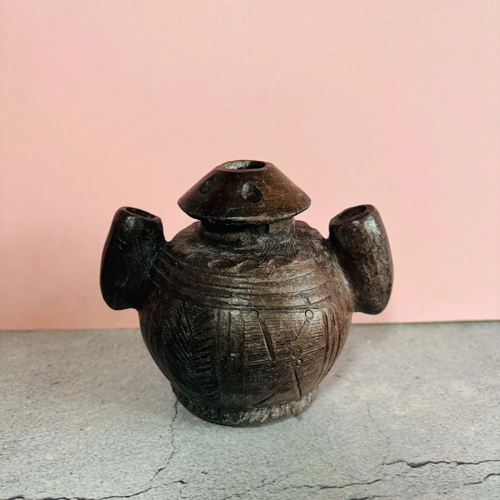 Rare African Carved Clay Inkwell Pot