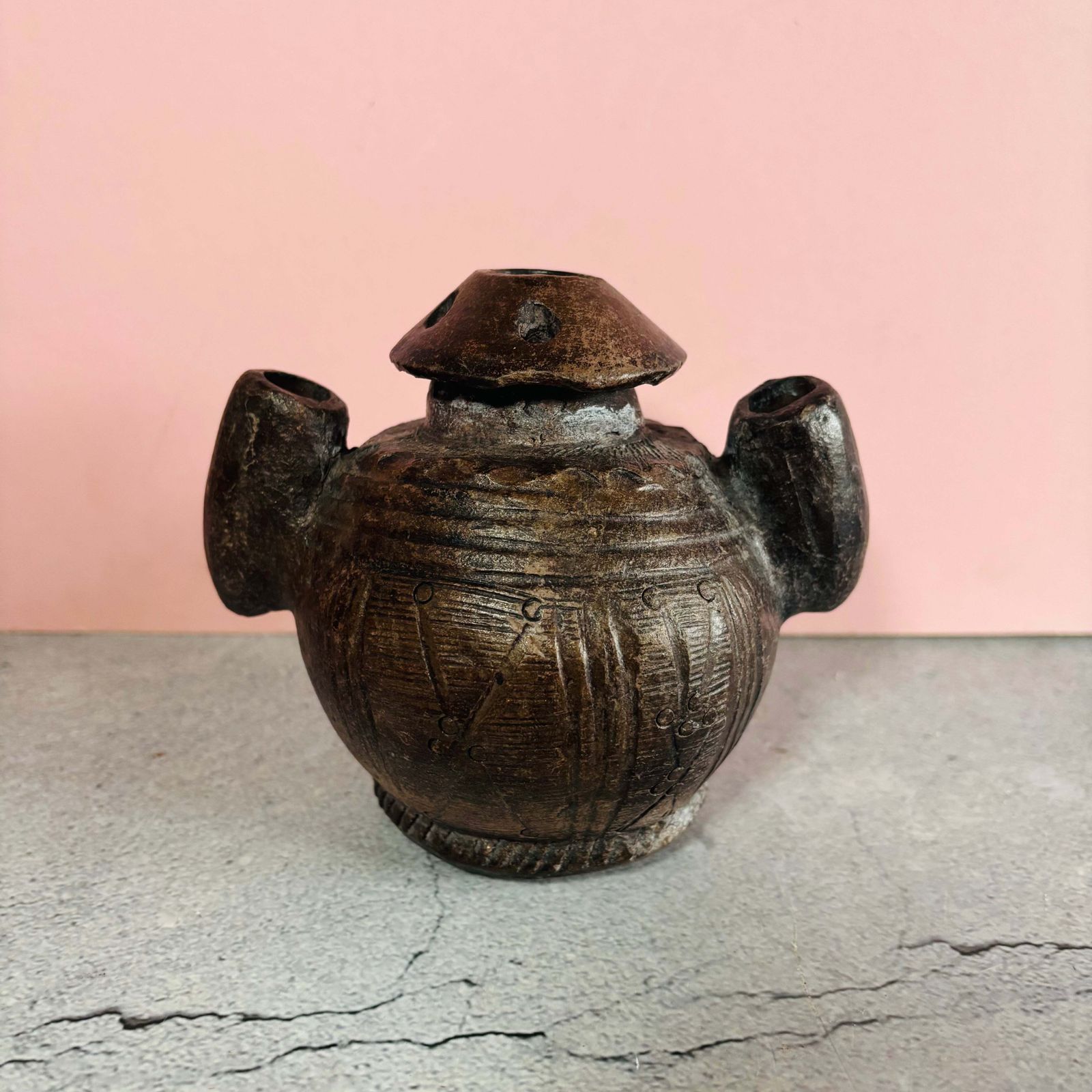 Rare African Carved Clay Inkwell Pot photo vintage