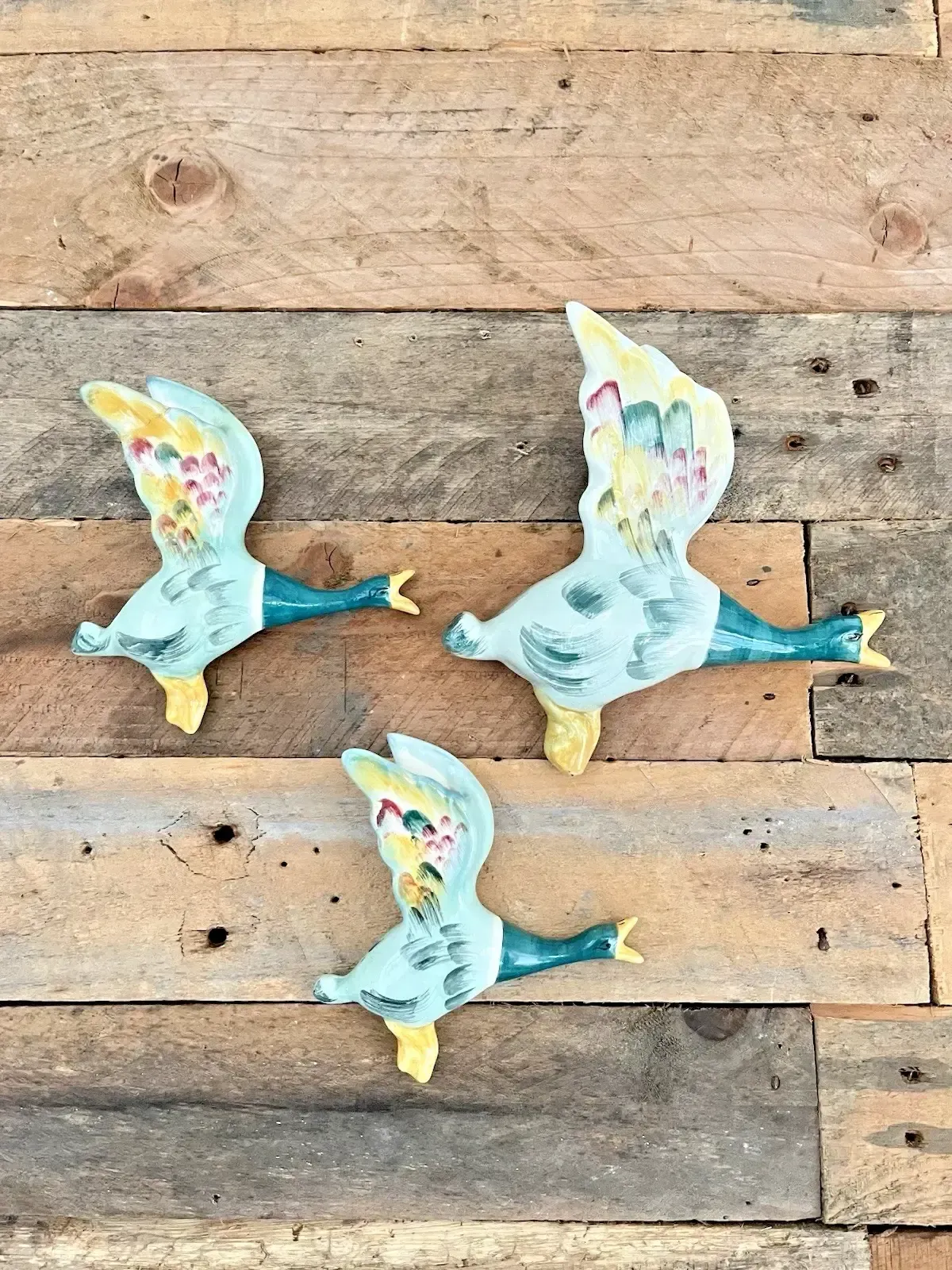 Set Of 3 Staffordshire Flying Duck Mallard Wall Plaques Pocket Vases Not Beswick