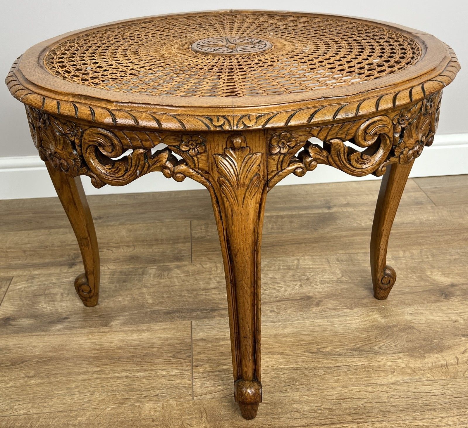 Coffee Table Vintage French Louis Style Oak Carved Cane Top Side Table Lot 4865 photo vinterior