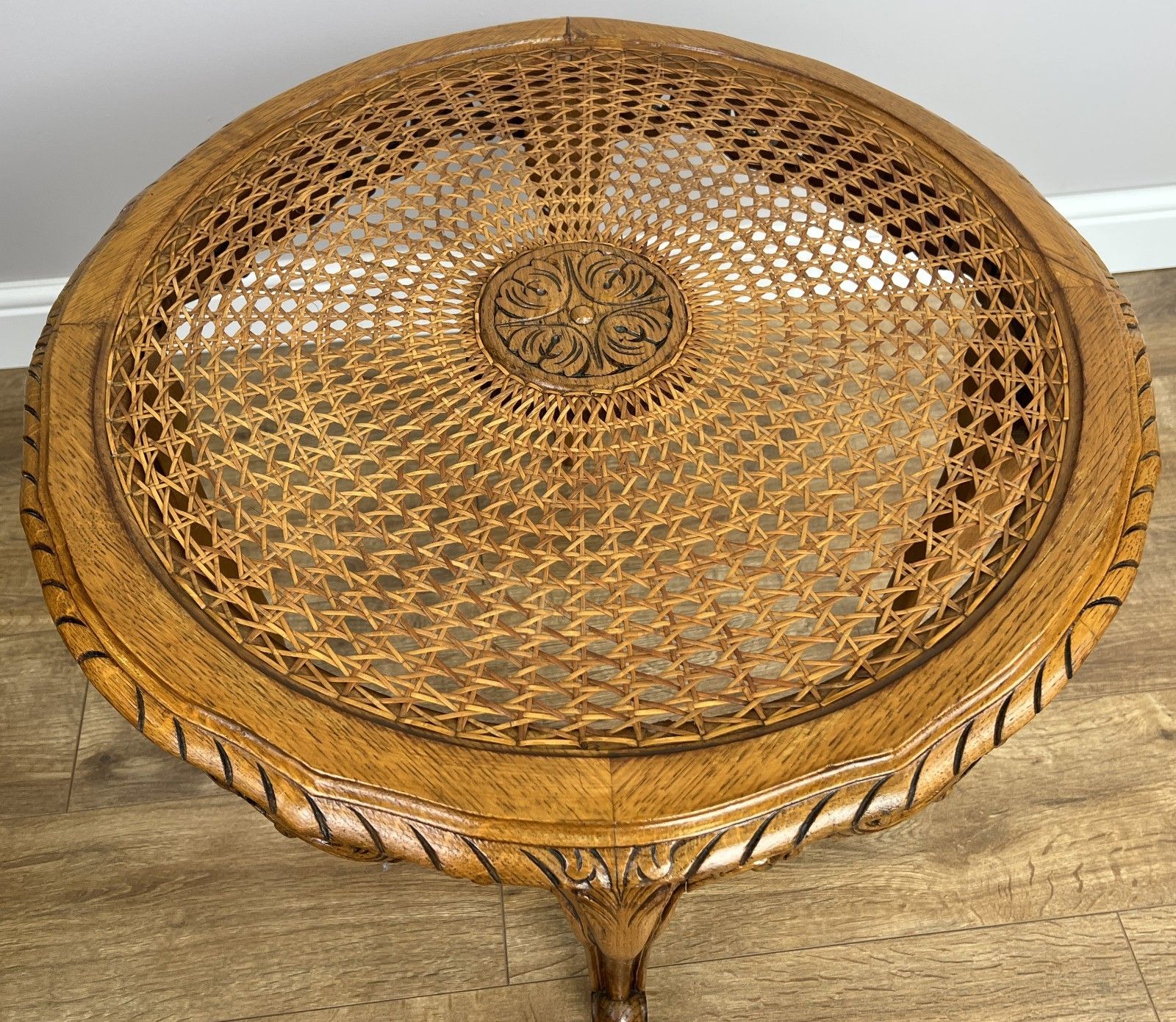 Coffee Table Vintage French Louis Style Oak Carved Cane Top Side Table Lot 4865 photo vintage