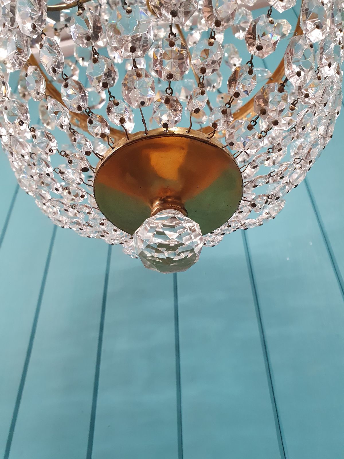 Antique Glass And Brass Bag Tent Chandelier 12" photo vintage