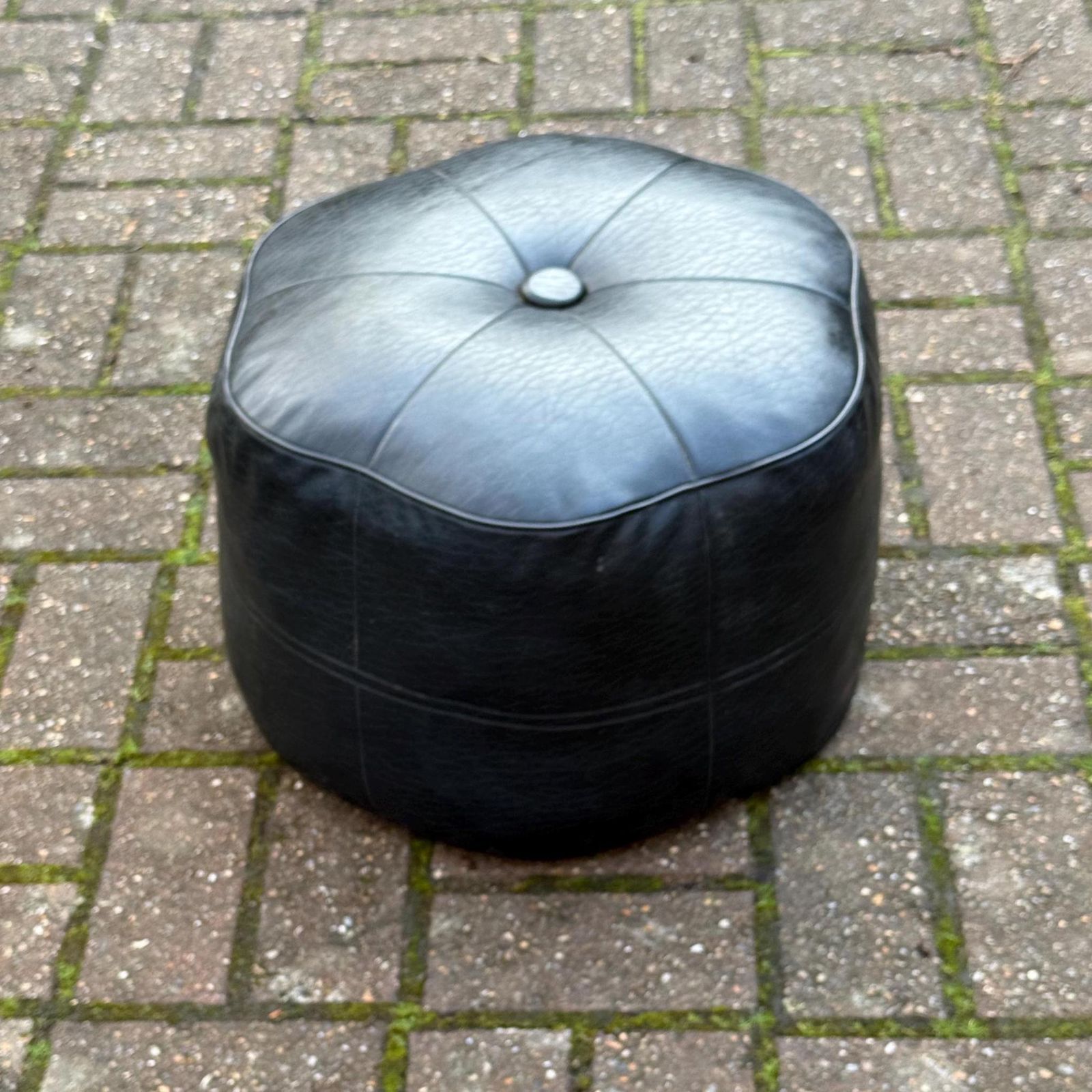 Rare Flower Shaped Vintage Sherborne Leatherette Pouffe Footstool Black Mid Century Ottoman Lounge Accent Stool
