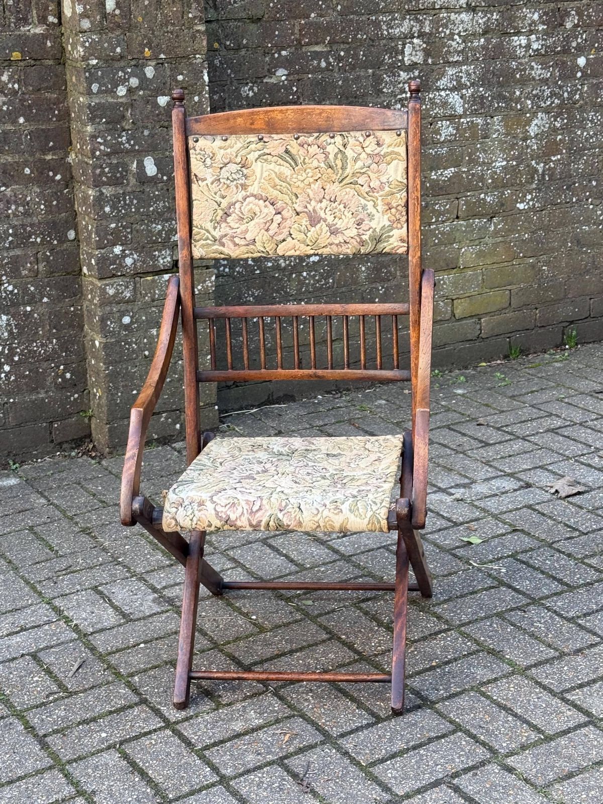 Antique Edwardian Folding Campaign Armchair With Floral Upholstery, Camping Chair Antique photo furniture