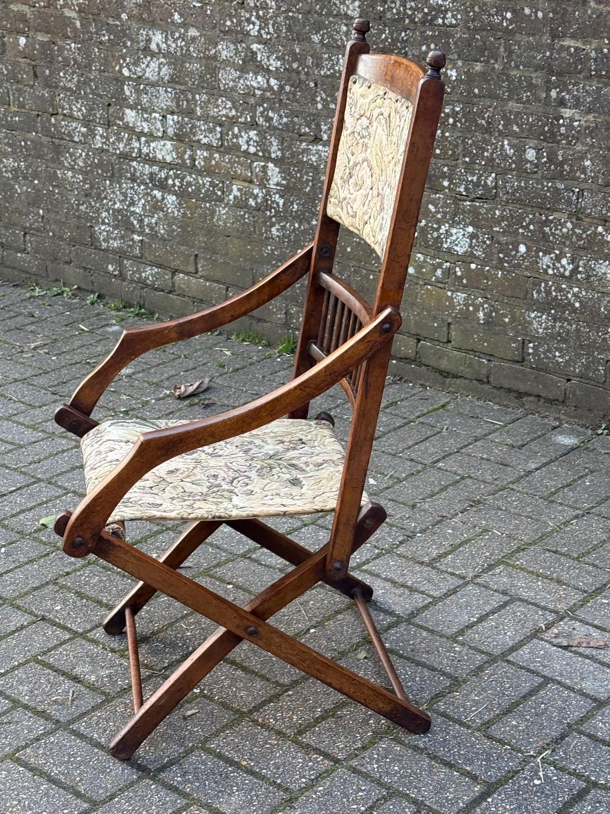 Antique Edwardian Folding Campaign Armchair With Floral Upholstery, Camping Chair Antique photo Furniture