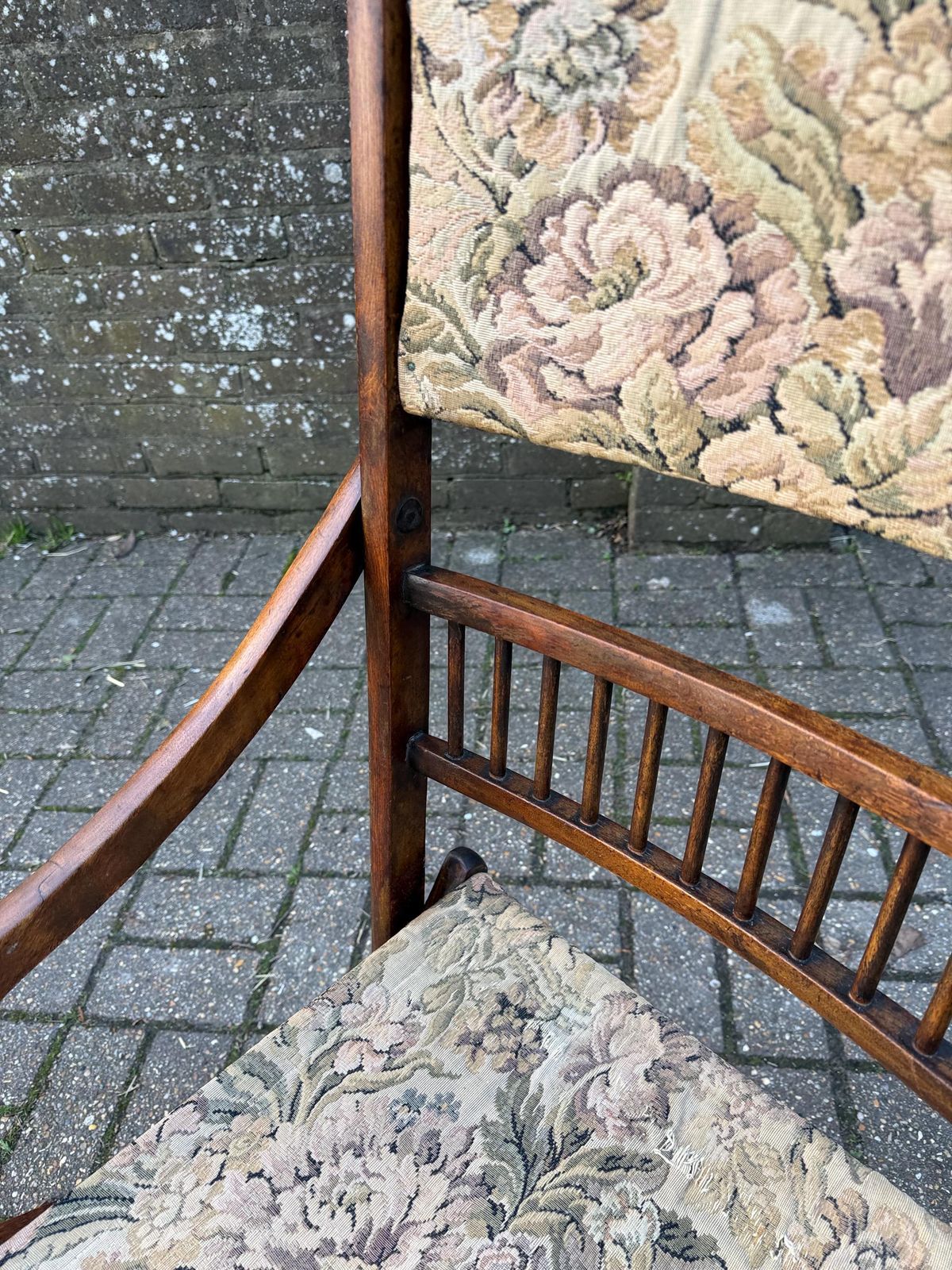 Furniture Antique Edwardian Folding Campaign Armchair With Floral Upholstery, Camping Chair Antique photo