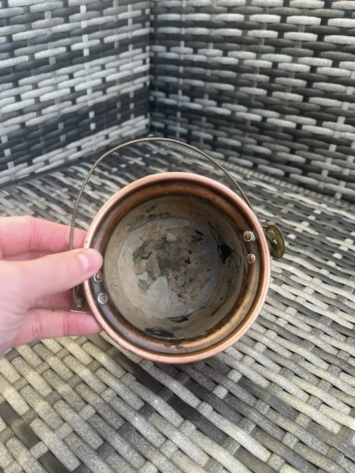 photo for sale Antique French Art Nouveau Copper & Brass Cauldron Hanging Planter Plant Pot