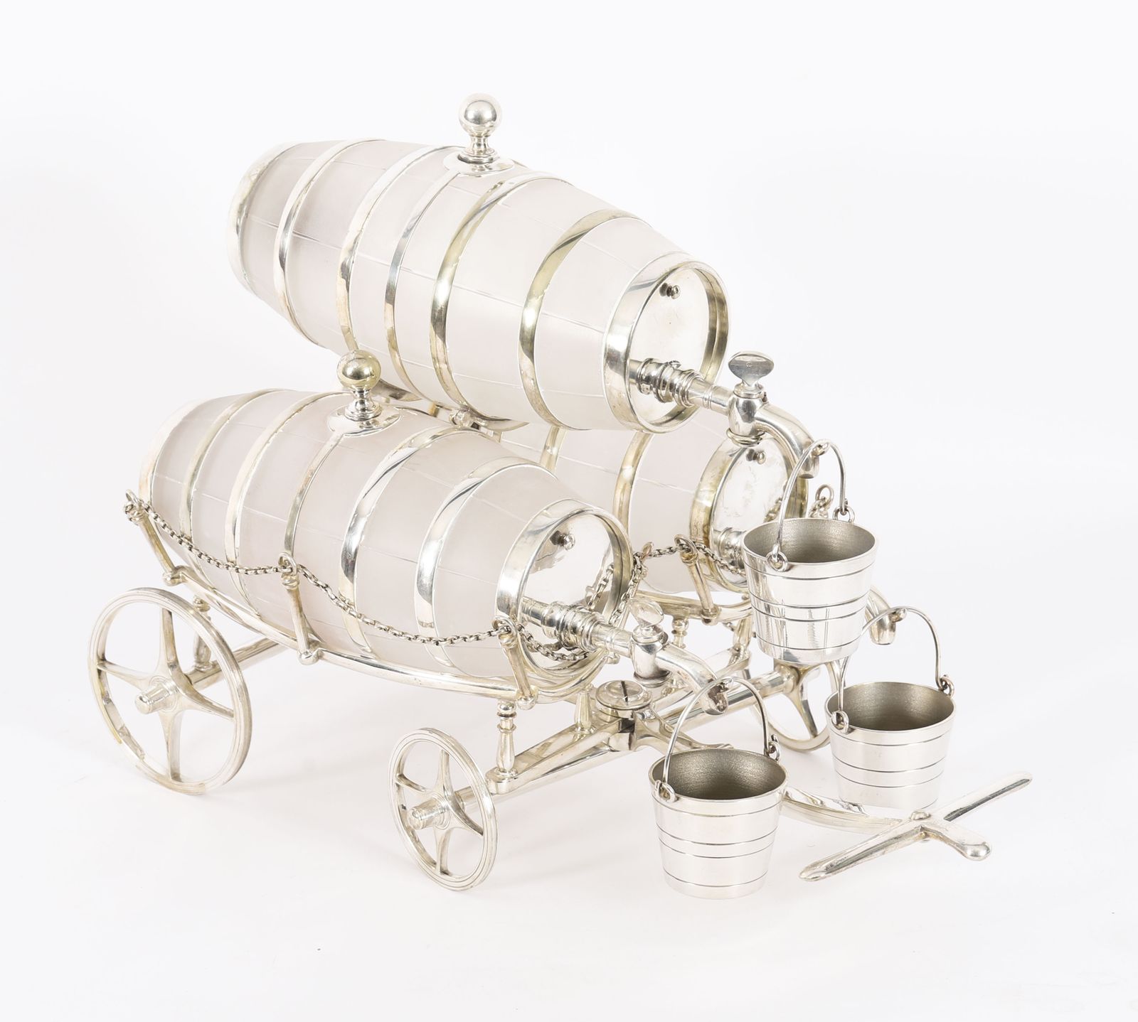 Antique Silver Plated Three Frosted Crystal Barrel Dispensers & Tot Pails 19thc photo for sale
