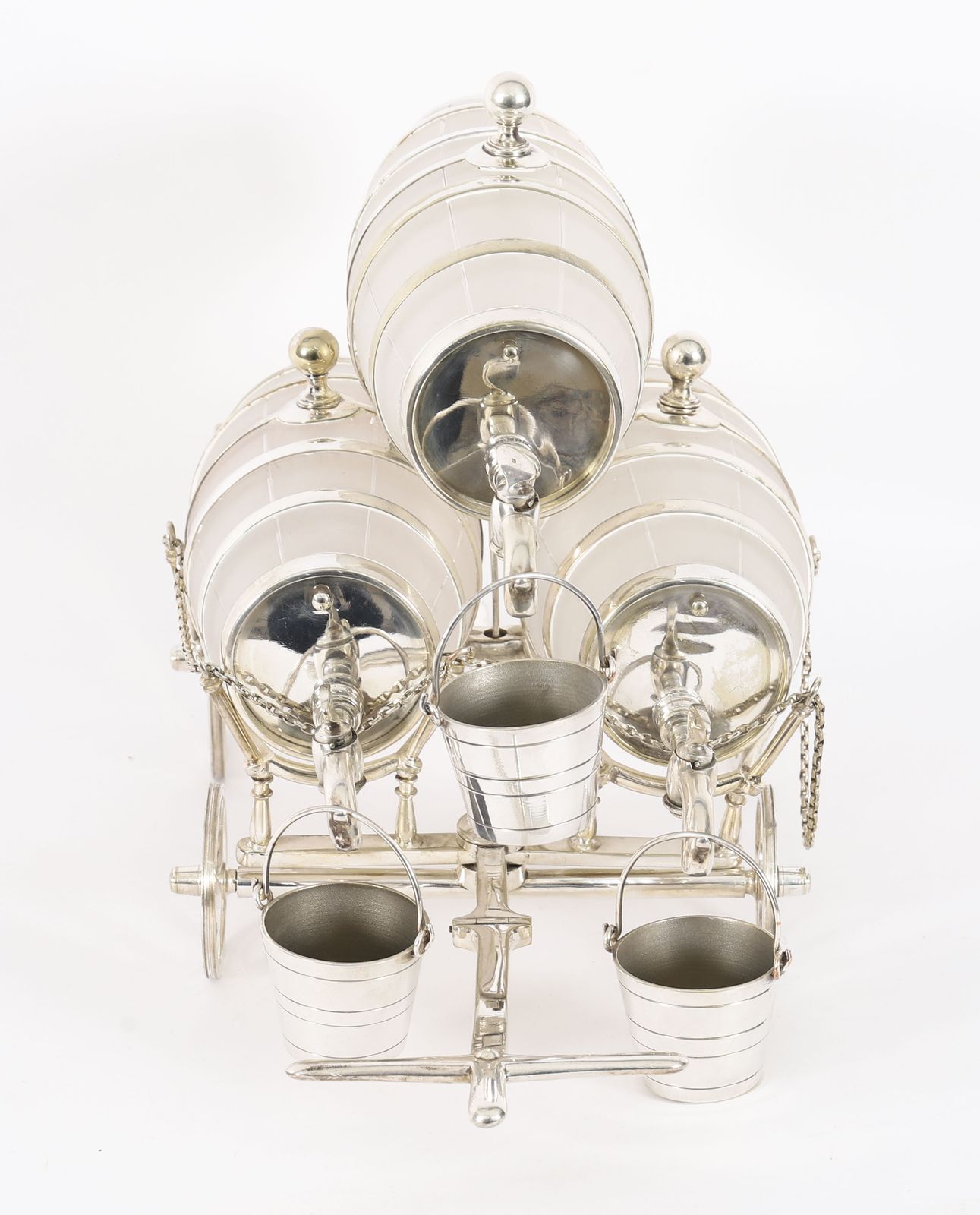 Antique Silver Plated Three Frosted Crystal Barrel Dispensers & Tot Pails 19thc photo vintage