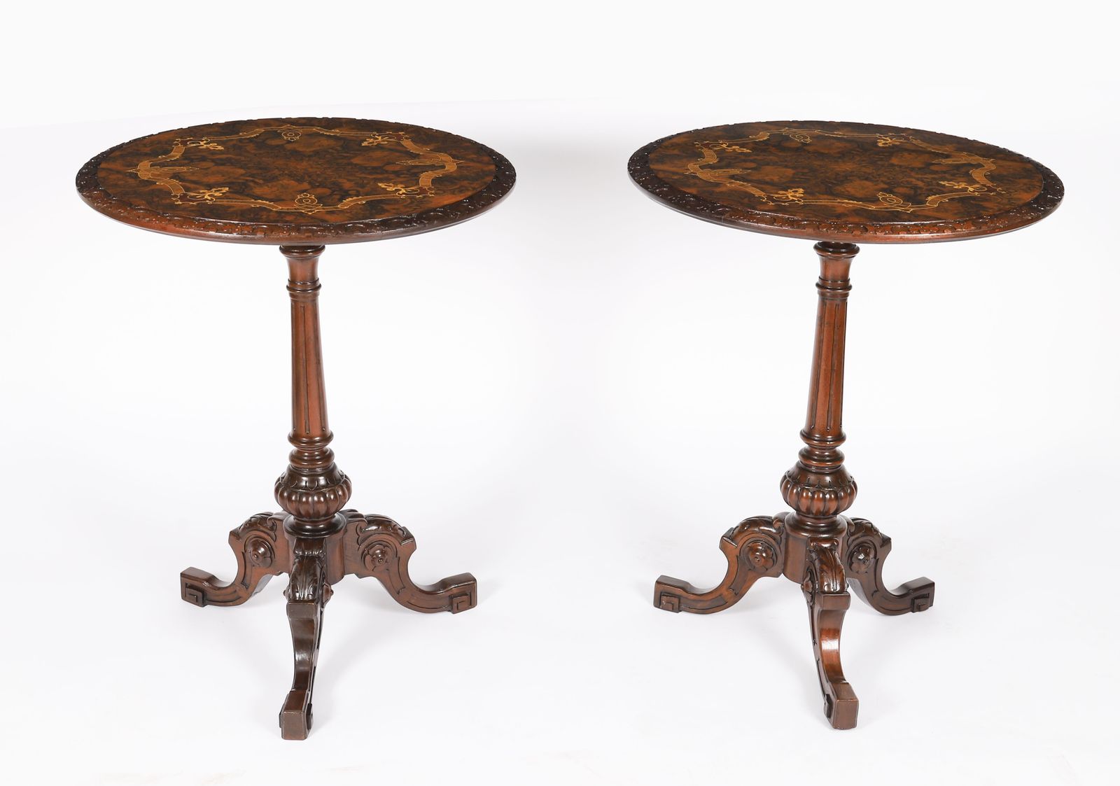 Furniture Pair Victorian Burr Wanut & Marquetry Occasional Tables 19th C photo