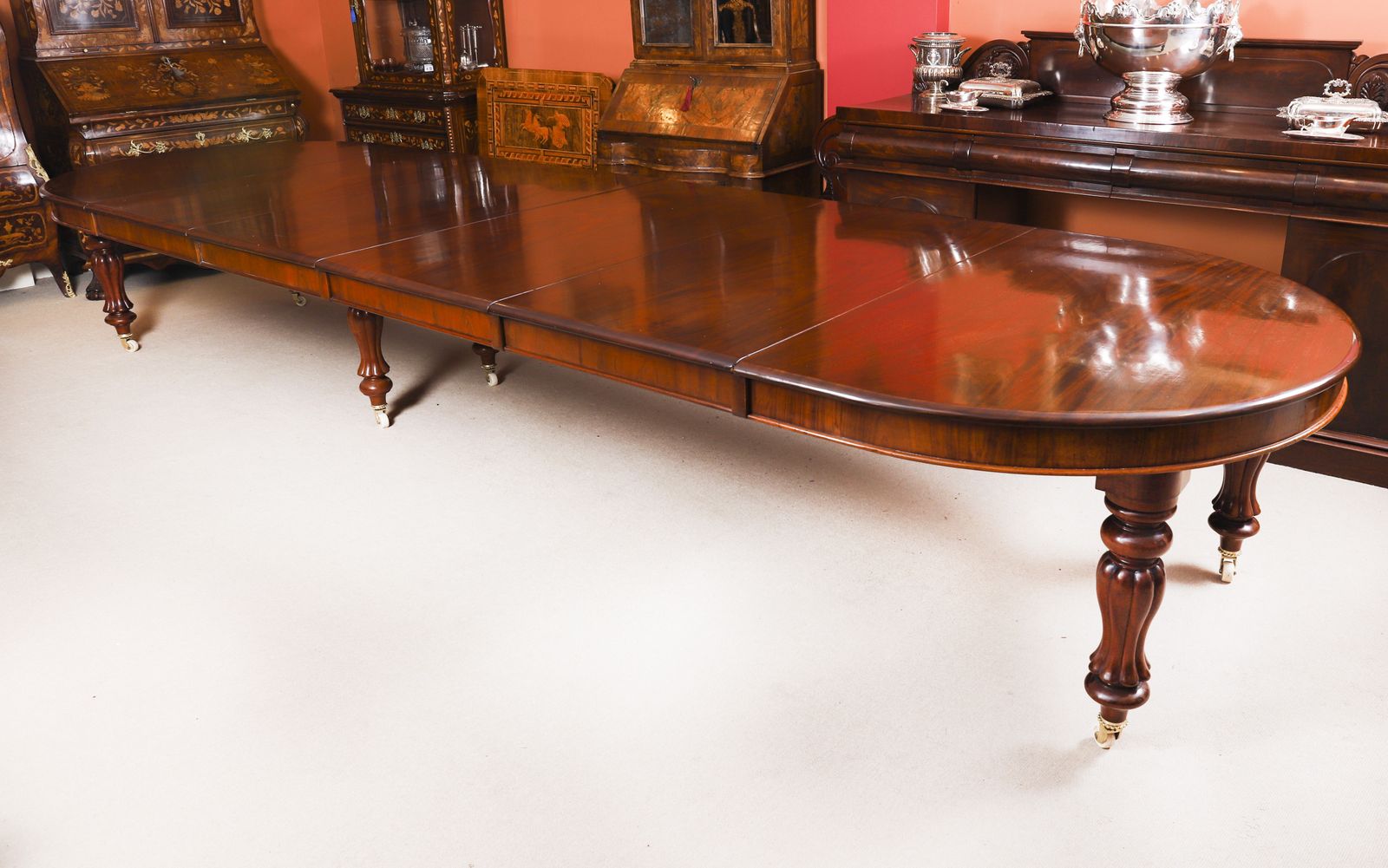 Antique 19th C 16ft Flame Mahogany Extending Dining Table & 16chairs photo for sale