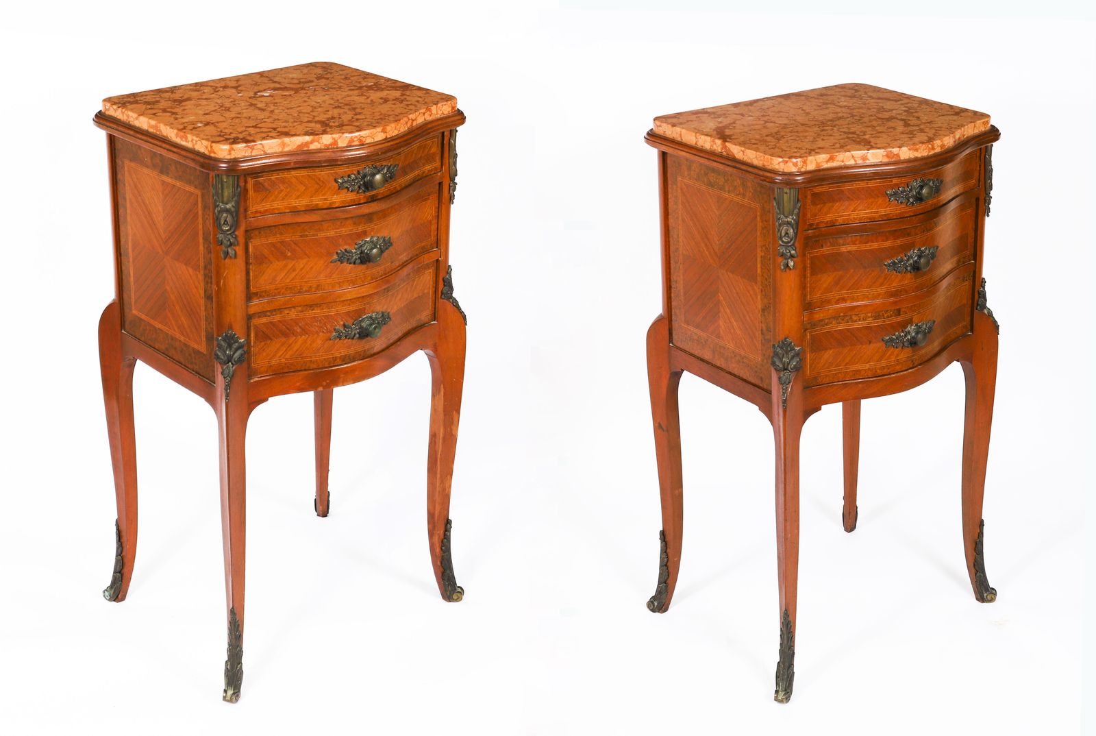Antique Pair French Louis XV Parquetry Bombe Bedside Cabinets 19th C