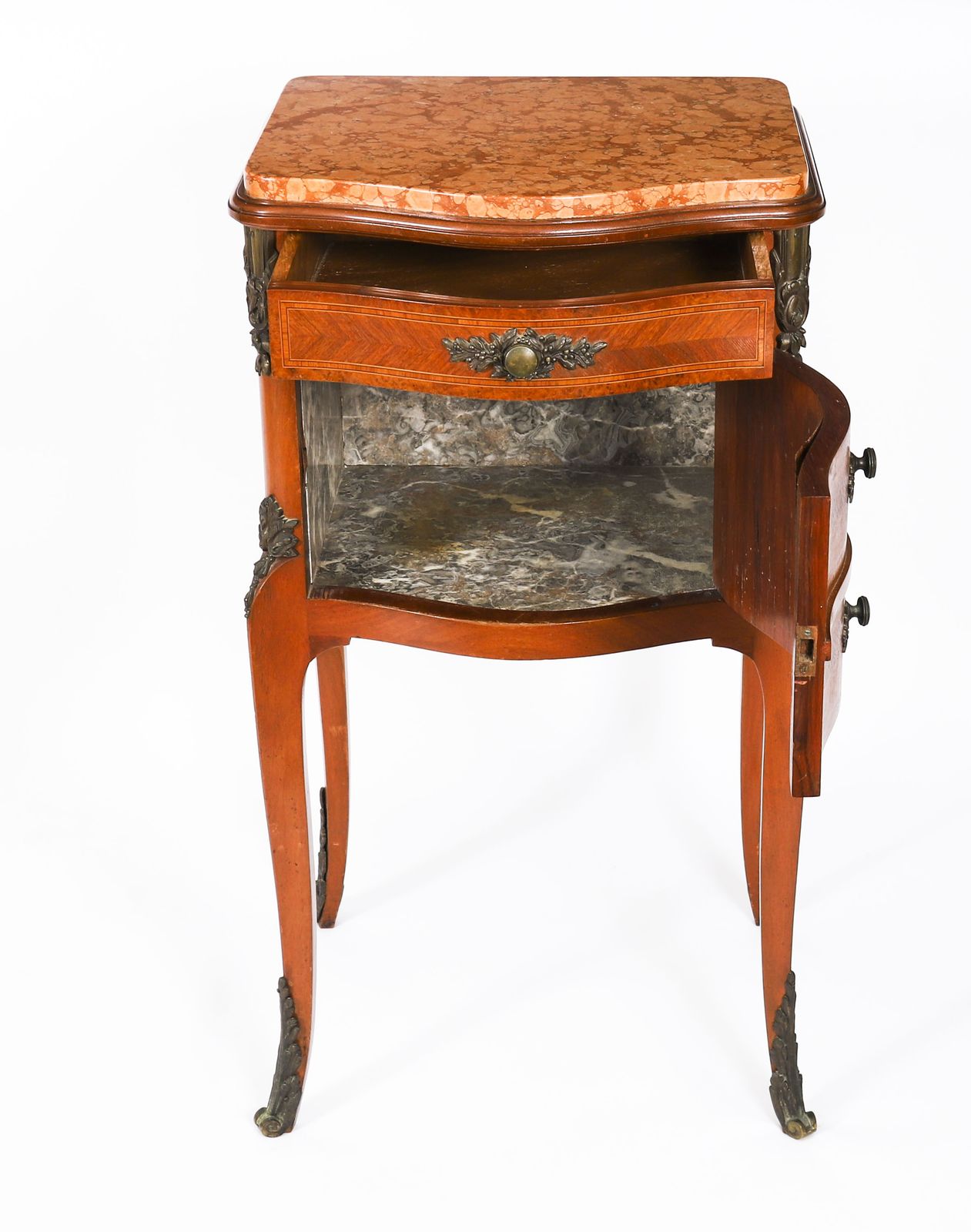 Antique Pair French Louis XV Parquetry Bombe Bedside Cabinets 19th C photo vintage