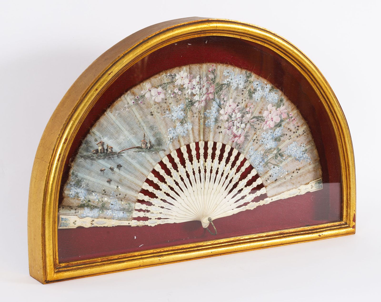 photo for sale Antique French Framed Hand Painted Silk Fan Gilded Box Frame Late 18th Century