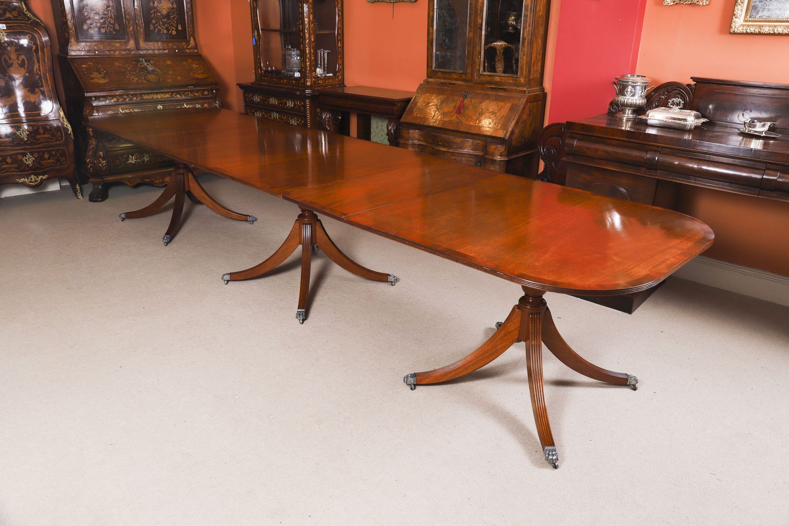 13ft  Regency Revival Triple Pillar Dining Table  Mid 20th C