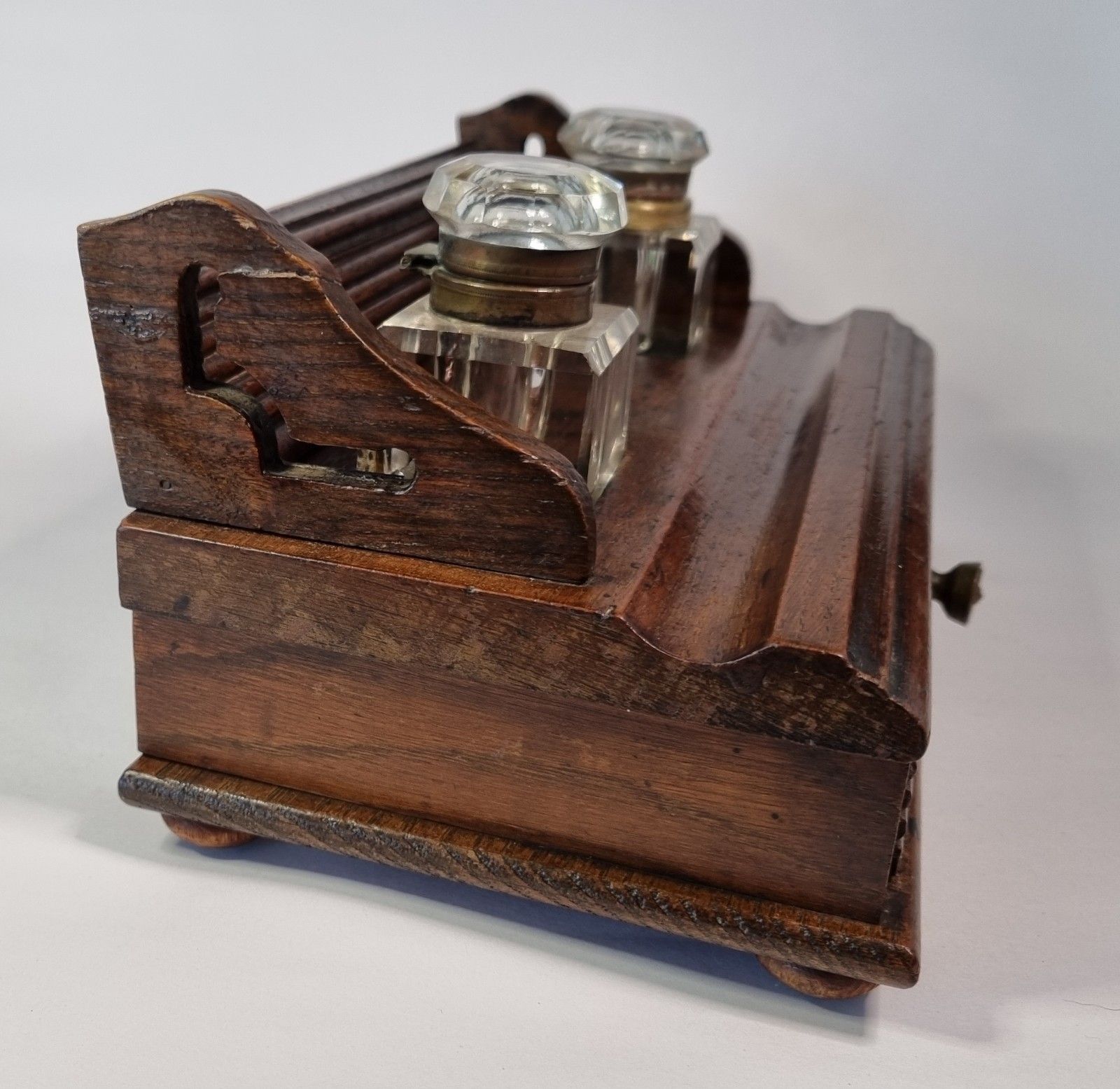 Antique Wooden Galleried Desk Tidy Glass Inkwells Drawer Stationary Stand Box photo 80.0
