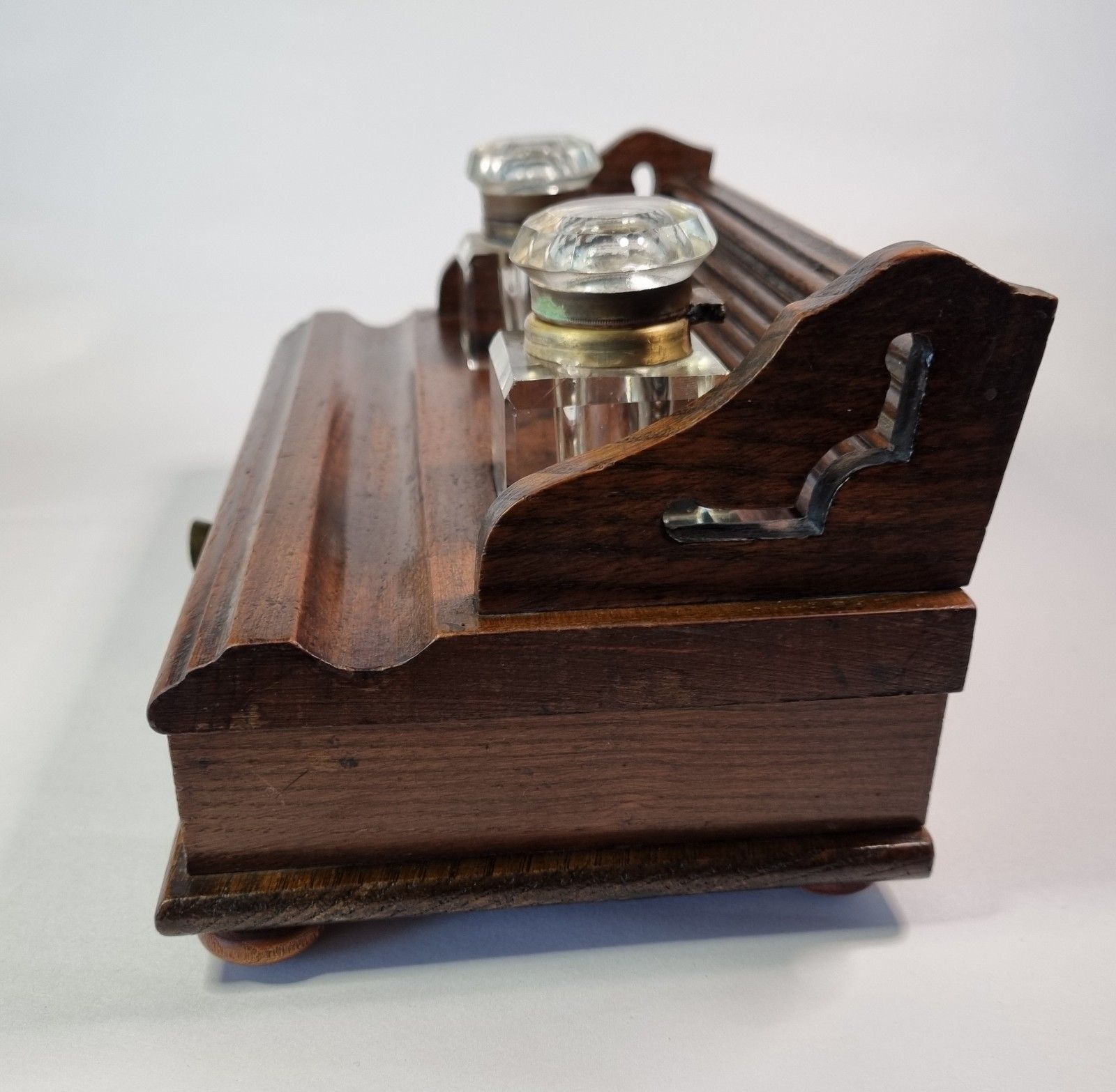 Antique Wooden Galleried Desk Tidy Glass Inkwells Drawer Stationary Stand Box photo vintage