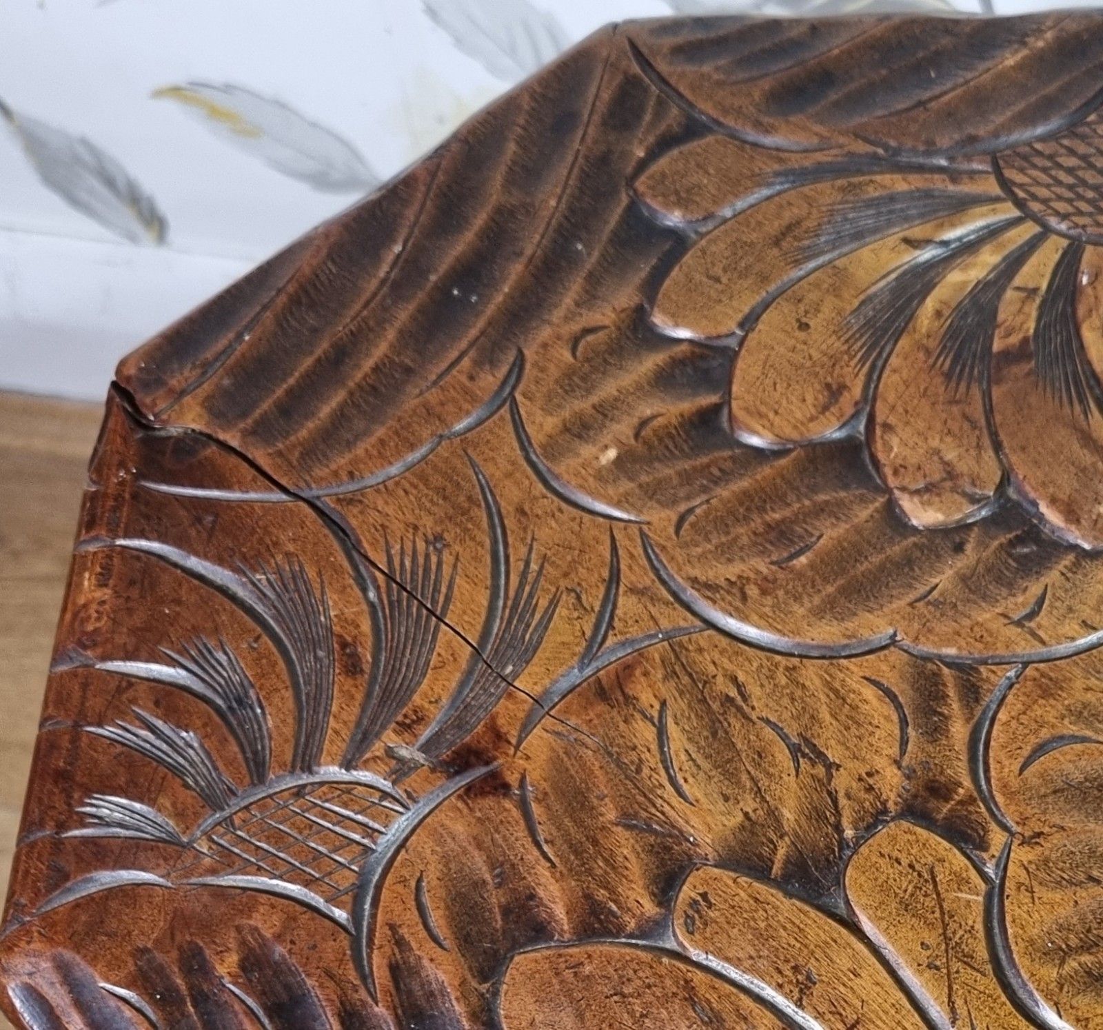 Vintage Wooden Stool Stand Arts & Crafts Libertys Japanese Floral Carved Top photo Furniture