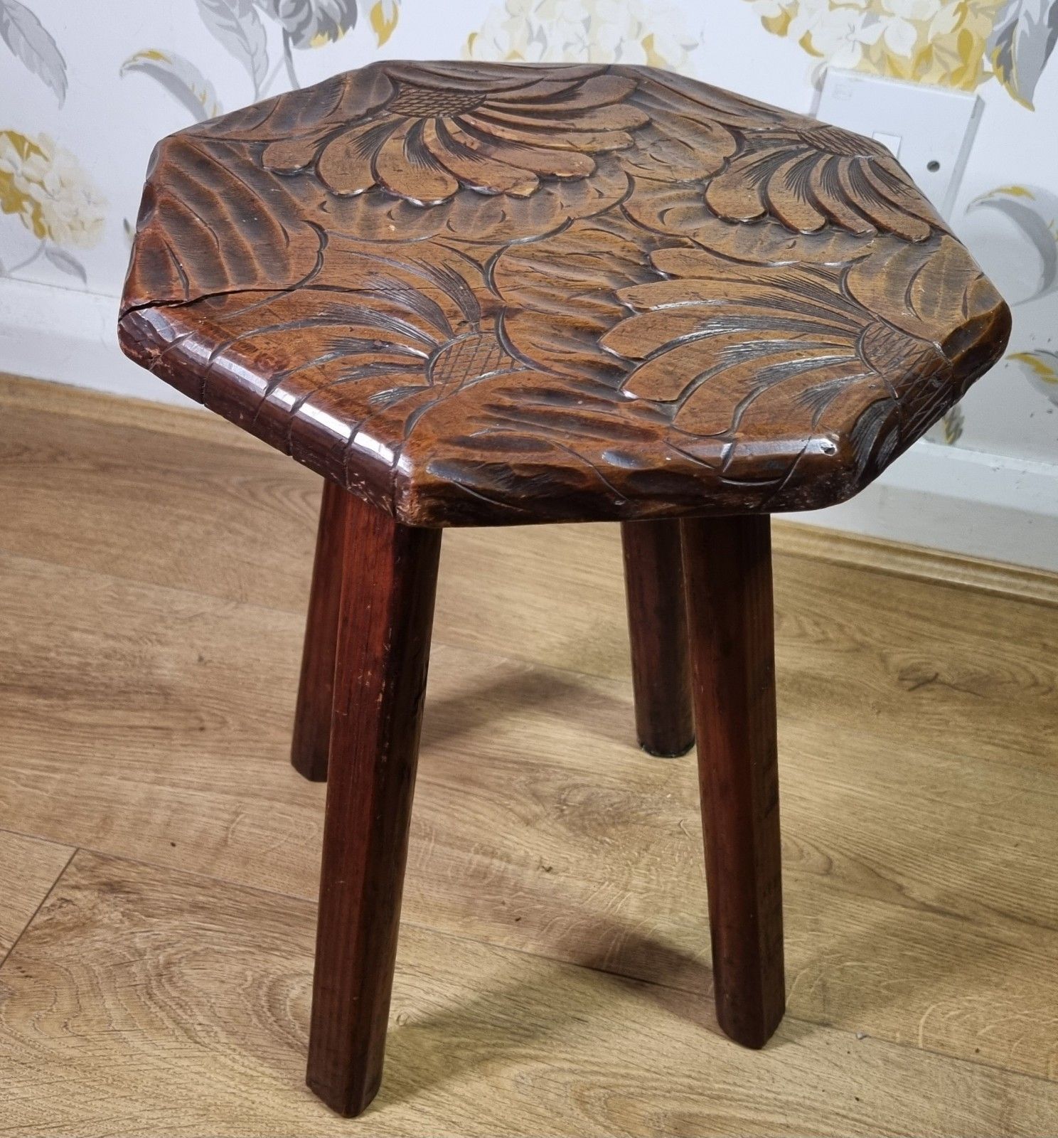 photo furniture Vintage Wooden Stool Stand Arts & Crafts Libertys Japanese Floral Carved Top