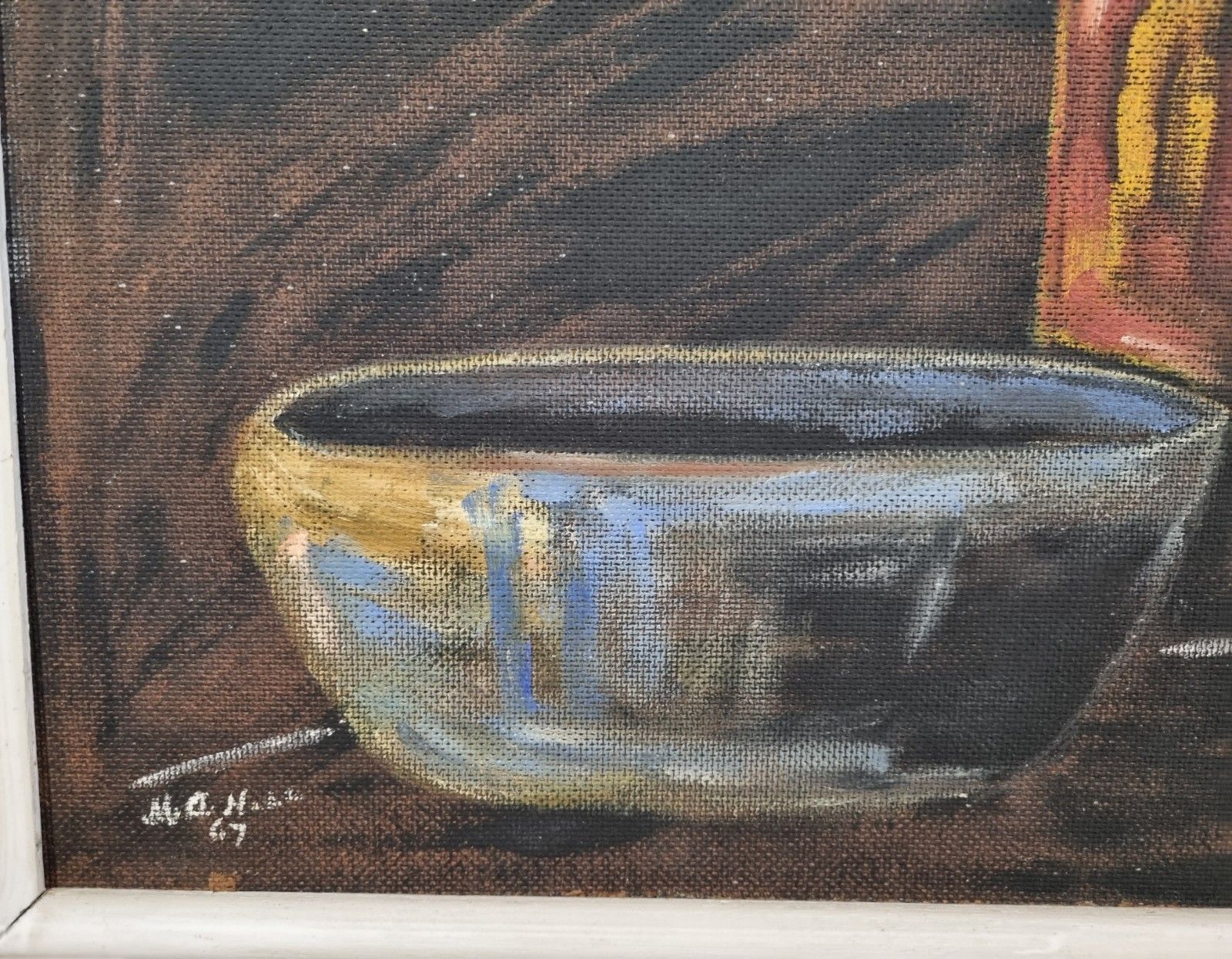 Vintage Framed Still Life Arcylic Painting On Board Bowl Pots Signed Mid Century photo vinterior