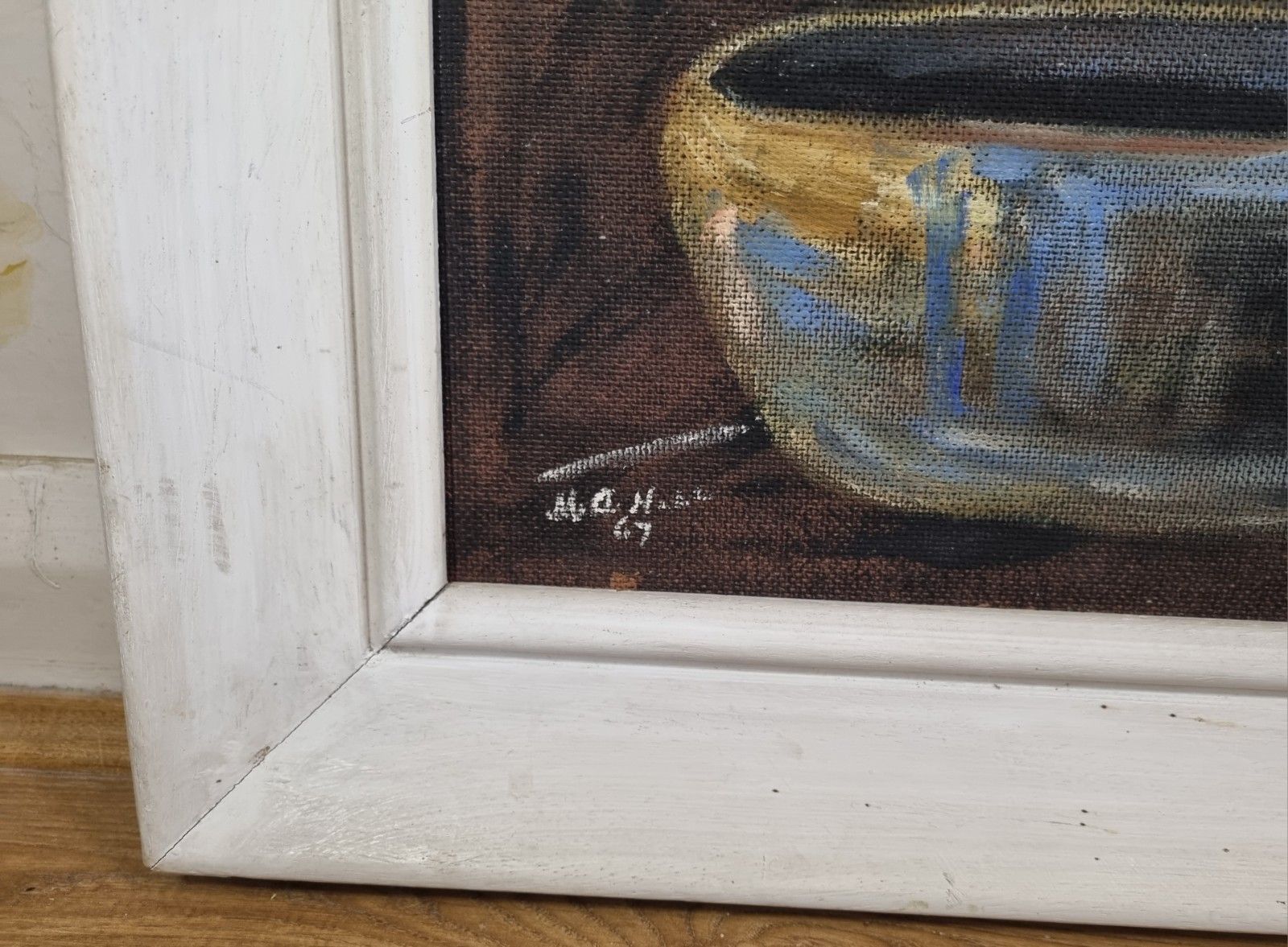 photo vinterior Vintage Framed Still Life Arcylic Painting On Board Bowl Pots Signed Mid Century